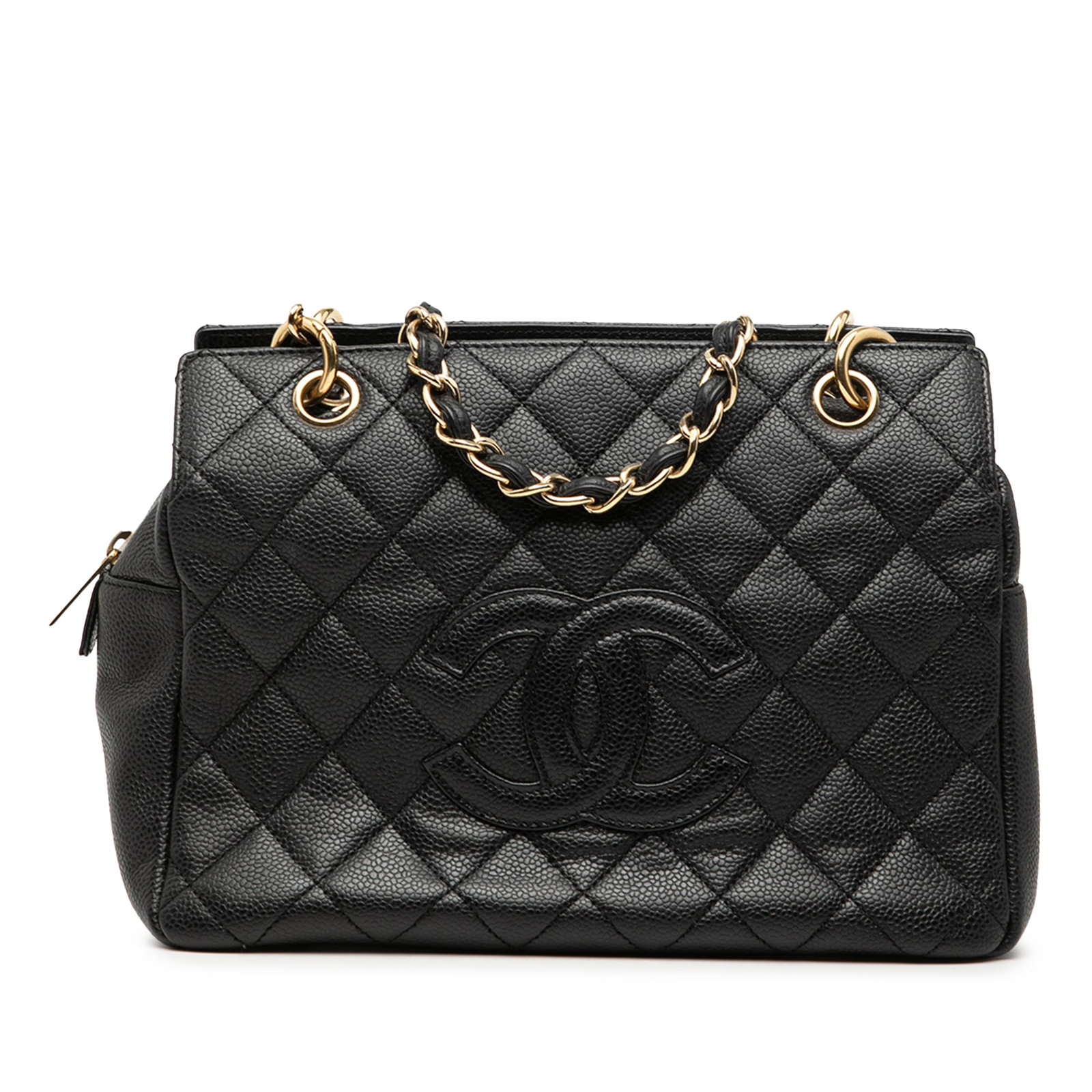 Chanel Black Caviar Leather Petit Shopping Tote with Chain Straps: Chanel Black Caviar Leather Petit Shopping Tote with Chain Straps This Chanel Petite Caviar Timeless Tote features a durable caviar leather body in black, complemented by leather-woven chain straps. T