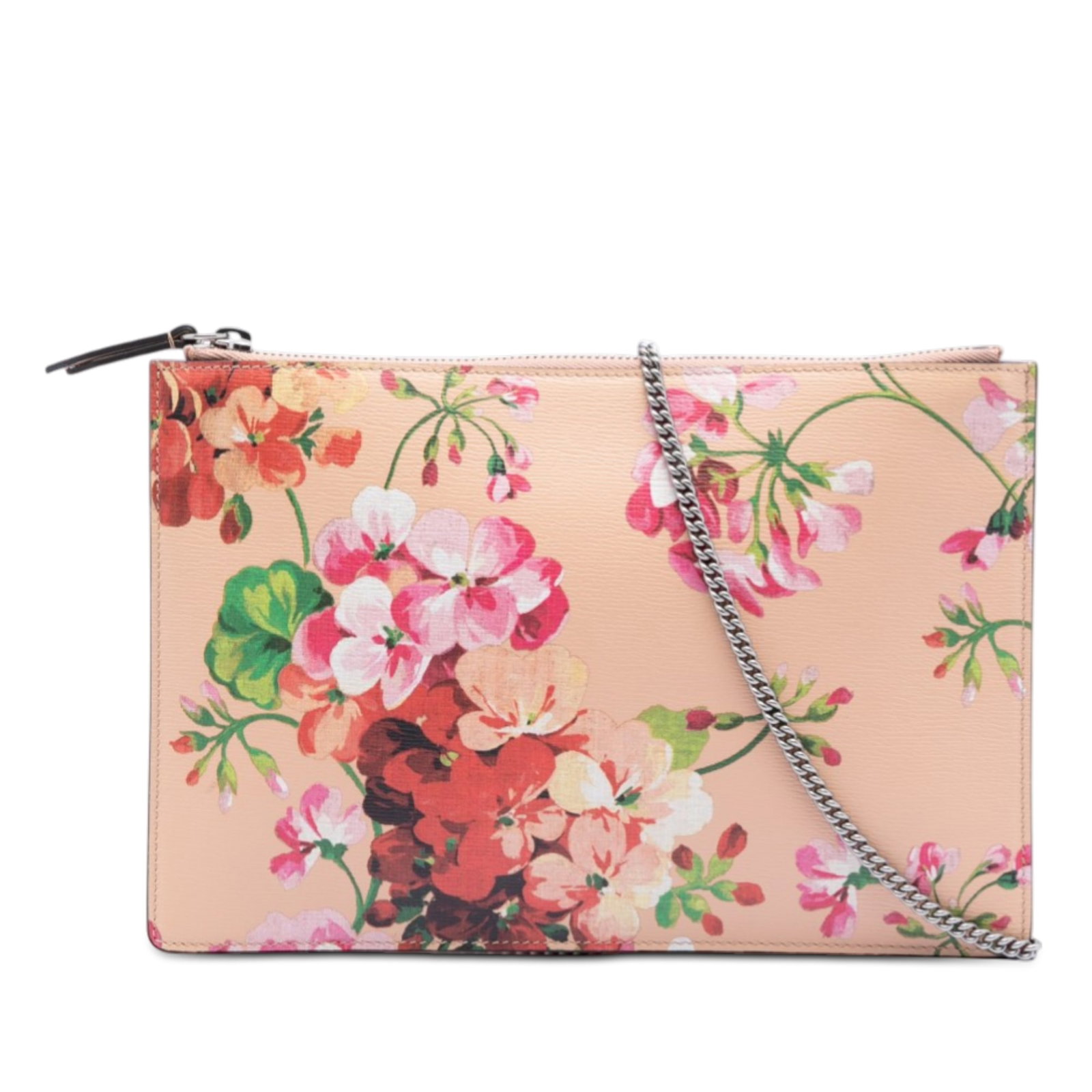 Gucci Blooms Floral Leather Crossbody Bag with Chain Strap: Gucci Blooms Floral Leather Crossbody Bag with Chain Strap This Gucci Calfskin Blooms Chain Clutch showcases a floral-printed leather exterior, complemented by a chain link strap and a top zip closure