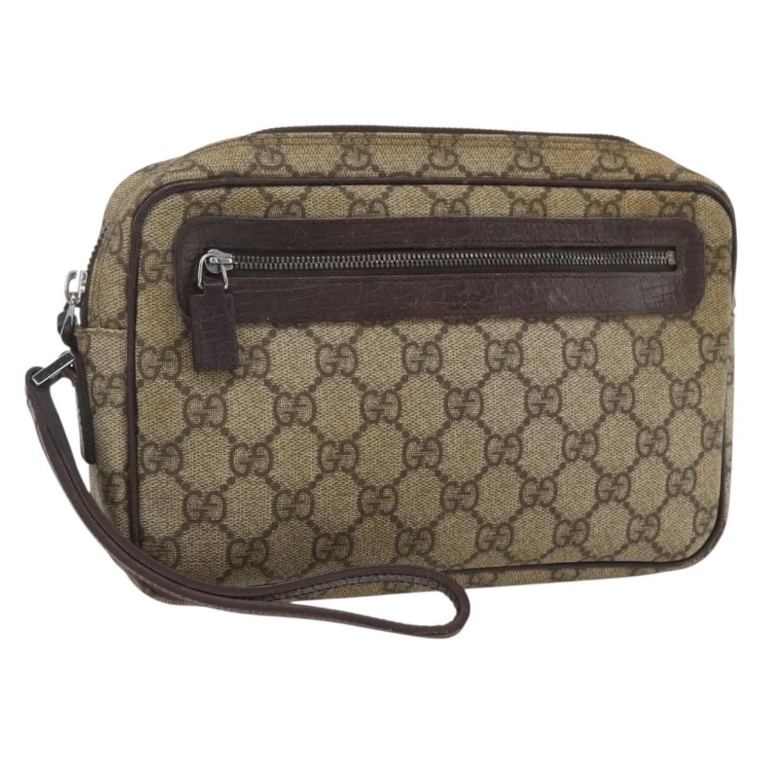 Gucci Beige Coated Canvas Wristlet Clutch 23cm by 14cm by 4cm: Gucci Beige Coated Canvas Wristlet Clutch 23cm by 14cm by 4cm This Gucci wristlet clutch for women is crafted from beige coated canvas with leather and metal fittings. It features a compact design sui