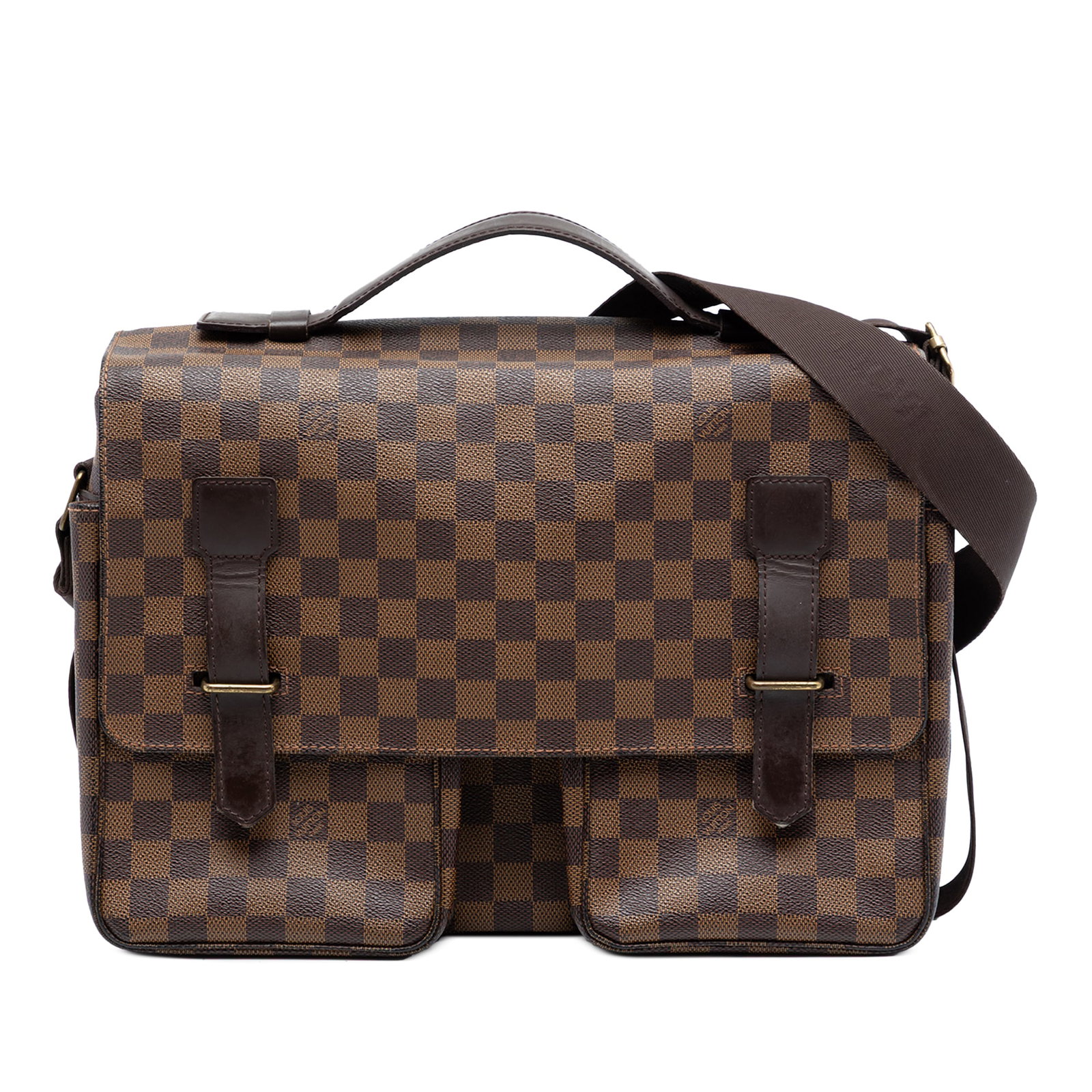 Louis Vuitton Broadway Shoulder Bag in Damier Ebene Canvas with Leather Trim: Louis Vuitton Broadway Shoulder Bag in Damier Ebene Canvas with Leather Trim The Louis Vuitton Damier Ebene Broadway features a brown Damier Ebene canvas body with leather trim, a flat leather top han