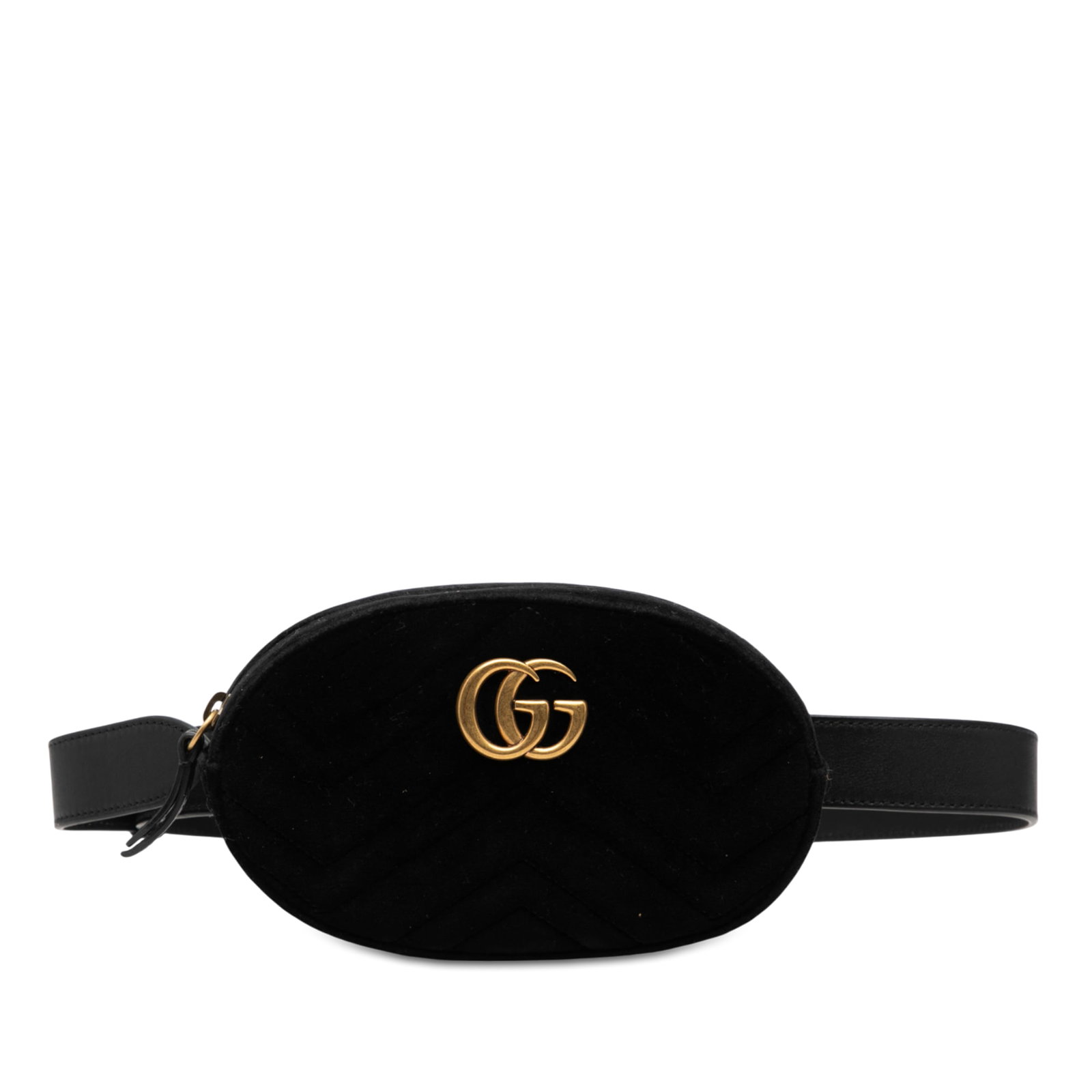 Gucci Black Velvet GG Marmont Matelasse Adjustable Belt Bag: Gucci Black Velvet GG Marmont Matelasse Adjustable Belt Bag This Gucci GG Marmont Matelasse Velvet Belt Bag features a velvet exterior with an adjustable and detachable flat leather strap, a top zip c