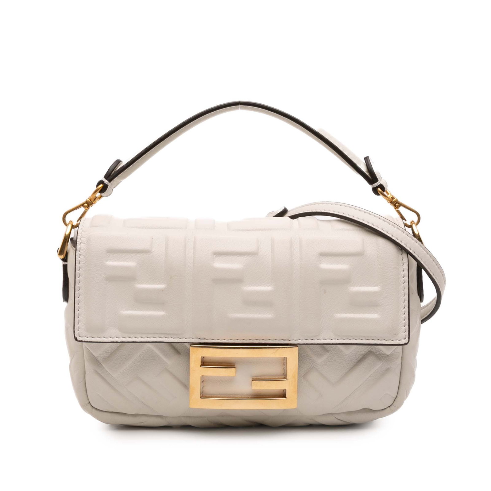 Fendi Mini Zucca Leather Baguette Satchel White Italy: Fendi Mini Zucca Leather Baguette Satchel White Italy This Fendi Mini Zucca Embossed Leather Baguette Satchel showcases a stylish embossed leather body with a chic white finish. It features a detachab