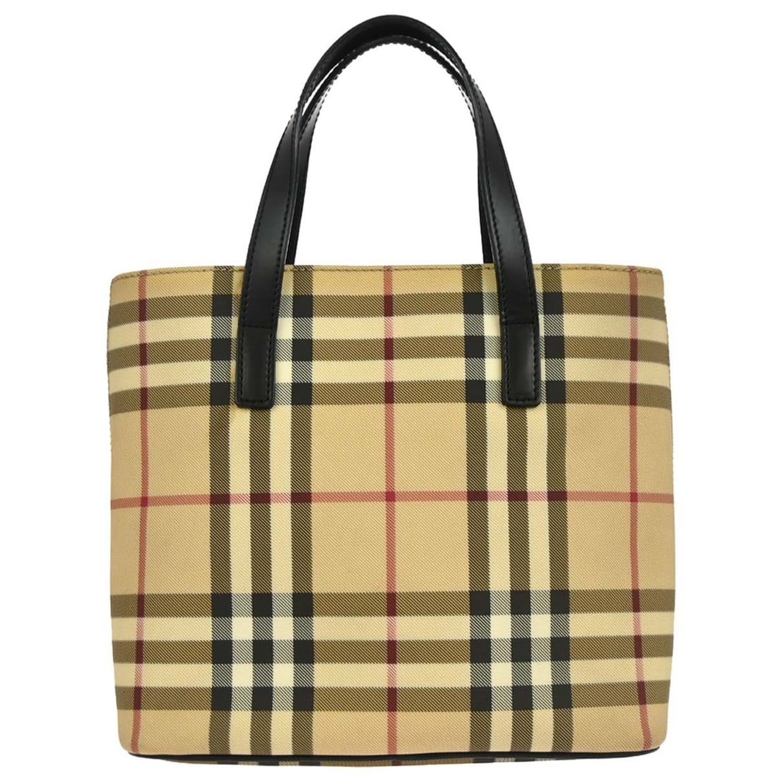 Mini Check Canvas Tote by Burberry in Beige and Black: Mini Check Canvas Tote by Burberry in Beige and Black This Burberry tote bag features the iconic beige and black check pattern and is crafted from leather and PVC. Designed in a mini size, it comes wi