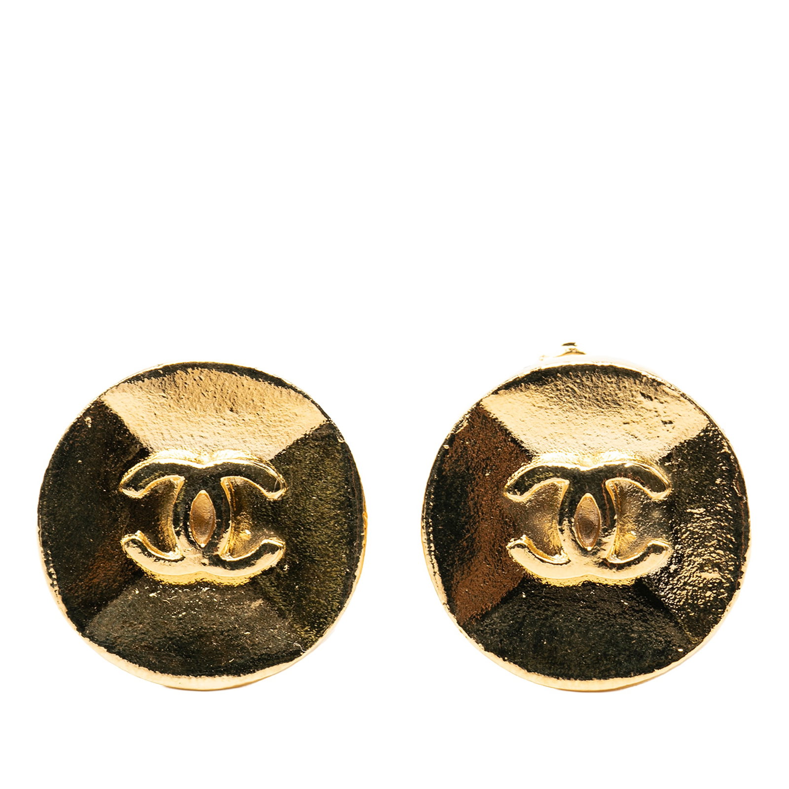 Chanel Button Clip Earrings Gold Tone Metal CC Logo: Chanel Button Clip Earrings Gold Tone Metal CC Logo These Chanel clip-on earrings feature a gold-tone metal body with the iconic CC button design. Crafted in France, they are classified as costume jew