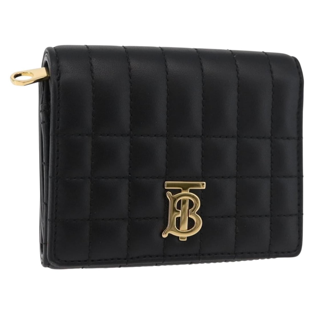 Burberry black leather trifold wallet with dust bag: Burberry black leather trifold wallet with dust bag This Burberry trifold wallet features a sleek black leather exterior with gold-tone accents. Designed for women, it is crafted in Italy and offers a