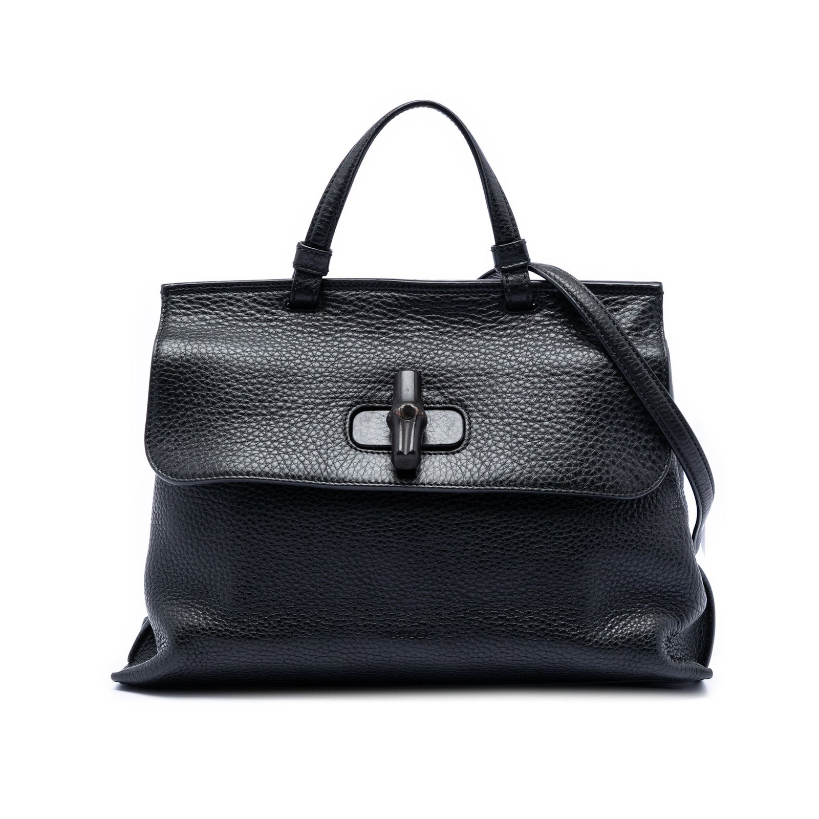 Gucci Bamboo Daily Medium Black Leather Satchel with Top Handle and Strap: Gucci Bamboo Daily Medium Black Leather Satchel with Top Handle and Strap This Gucci Medium Leather Bamboo Daily Satchel features a black leather body, a flat top handle, and a detachable flat leather