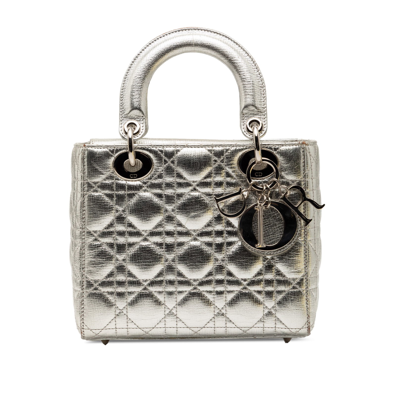 Dior Lady Dior Small Silver Grained Calfskin My ABCDior Cannage Bag: Dior Lady Dior Small Silver Grained Calfskin My ABCDior Cannage Bag This Lady Dior handbag features a quilted metallic grained calfskin leather body in a silver tone, flat leather handles, and a detac