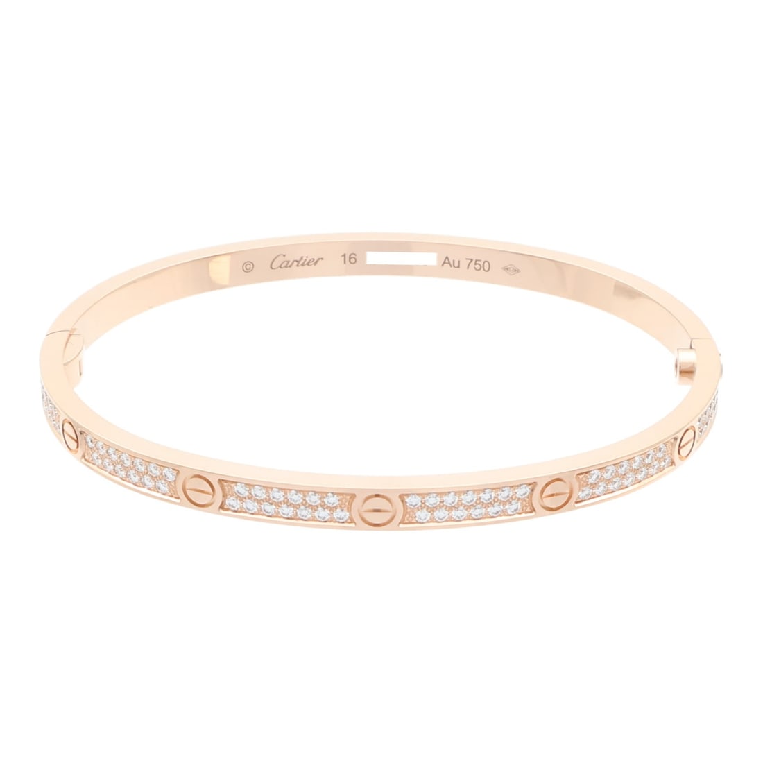 Cartier Love Small Diamond Pave Bracelet 18K Rose Gold Size 16: Cartier Love Small Diamond Pave Bracelet 18K Rose Gold Size 16 This Cartier Love Bangle SM is crafted from 18K pink gold and features pave-set diamonds. Designed for women, the bracelet is a size 16 a
