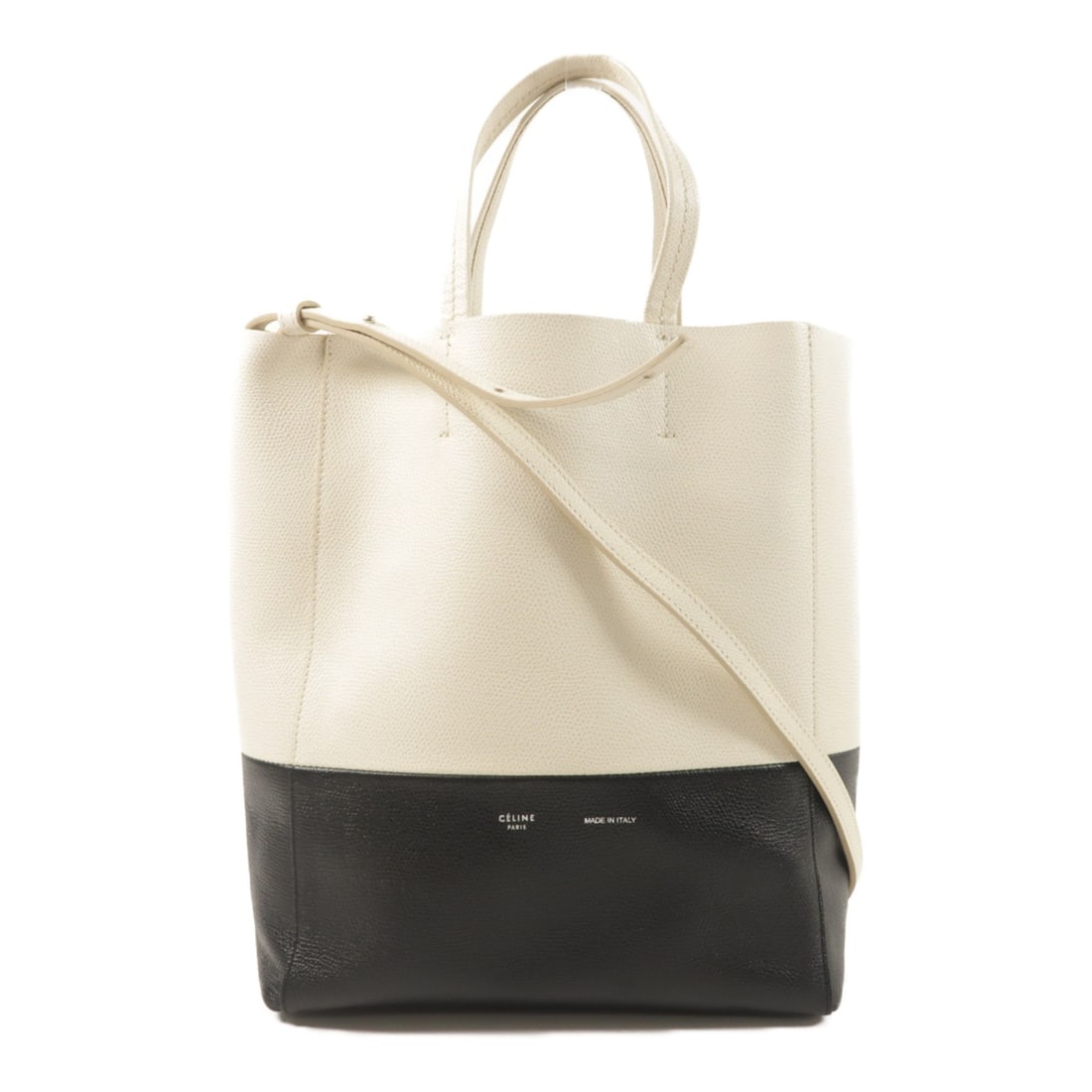 CELINE Small Vertical Cabas Calfskin 2 Way Shoulder Tote Black White: CELINE Small Vertical Cabas Calfskin 2 Way Shoulder Tote Black White This CELINE Small Vertical Cabas 2 Way Tote Bag is crafted from high-quality calfskin leather in a classic black and white color co