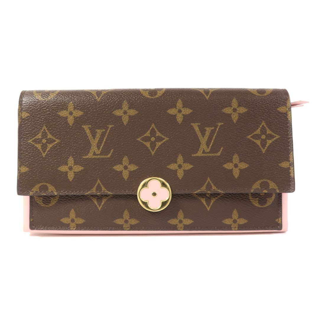 LOUIS VUITTON Monogram Long Bifold Wallet M64586 Brown Pink GHW: LOUIS VUITTON Monogram Long Bifold Wallet M64586 Brown Pink GHW This Louis Vuitton long bifold wallet (M64586) is crafted from durable PVC coated canvas in a classic brown color with pink accents. The