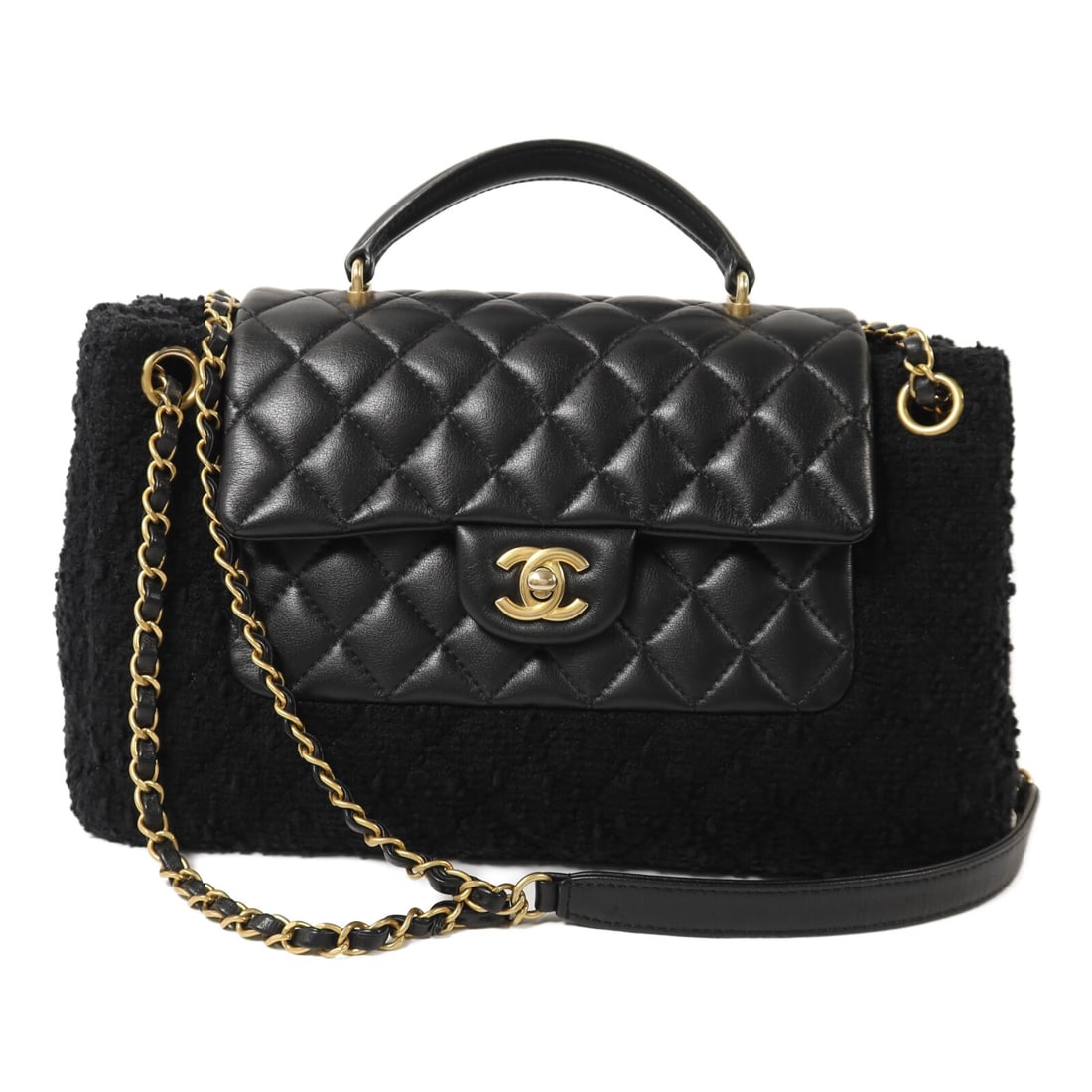 CHANEL Black Lambskin Tweed 2-Way Chain Shoulder Bag with Gold Hardware: CHANEL Black Lambskin Tweed 2-Way Chain Shoulder Bag with Gold Hardware This CHANEL 2-way chain shoulder bag is crafted from black lambskin leather and tweed, offering a versatile and elegant accessor
