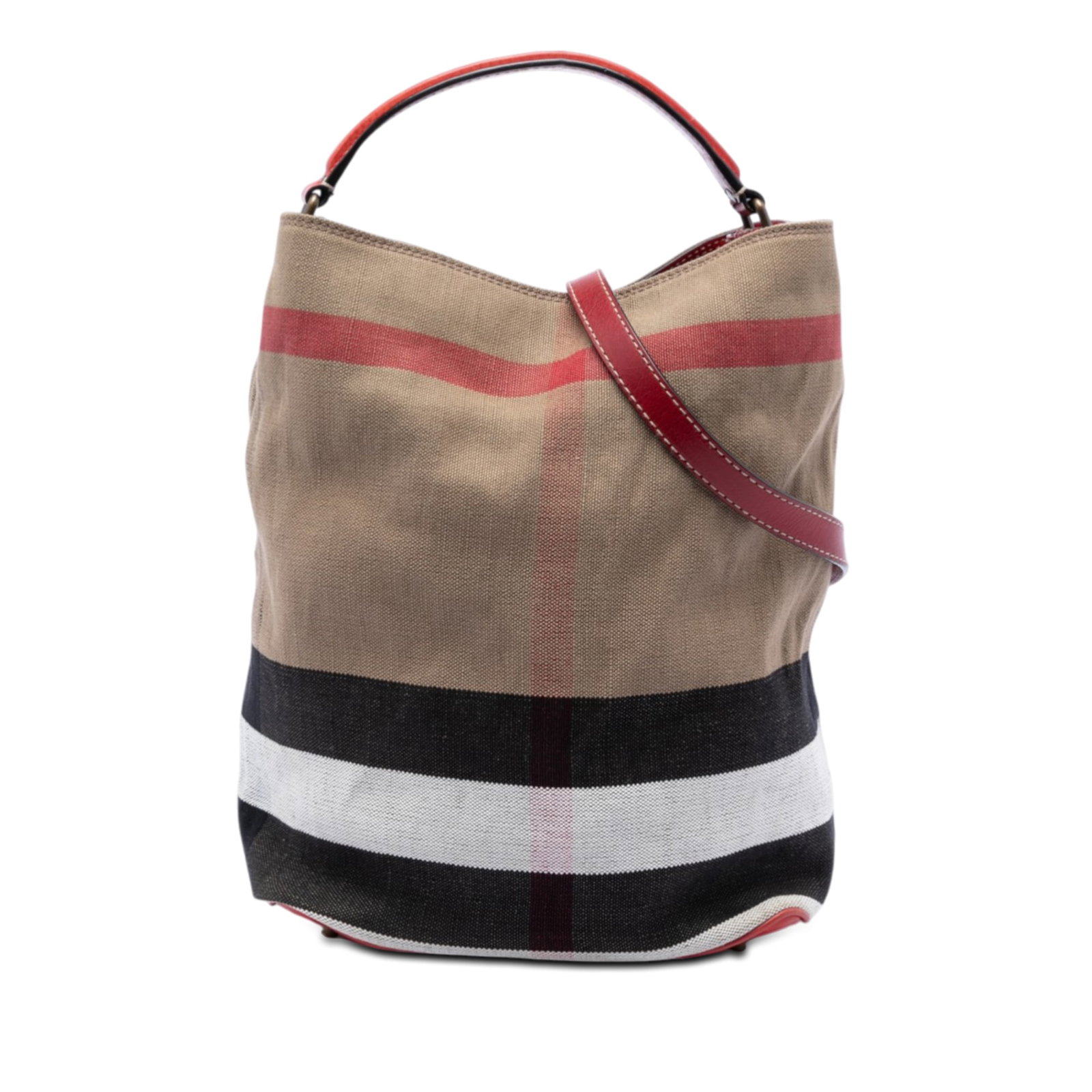 Burberry Ashby Bucket Bag Medium Canvas Mega Check Pattern: Burberry Ashby Bucket Bag Medium Canvas Mega Check Pattern This Burberry Medium Mega Check Canvas Ashby Bucket Bag features a canvas body with a distinctive check pattern, complemented by a flat leath