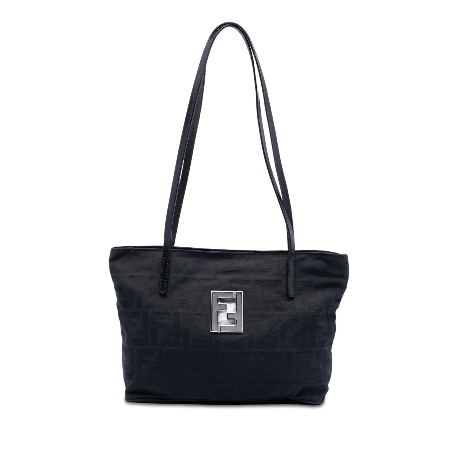 Fendi Black Zucca Pattern Canvas Shoulder Tote with Leather Straps: Fendi Black Zucca Pattern Canvas Shoulder Tote with Leather Straps The Fendi Zucca Canvas Tote features a canvas body with adjustable flat leather straps, a top zip closure, and an interior zip pocket