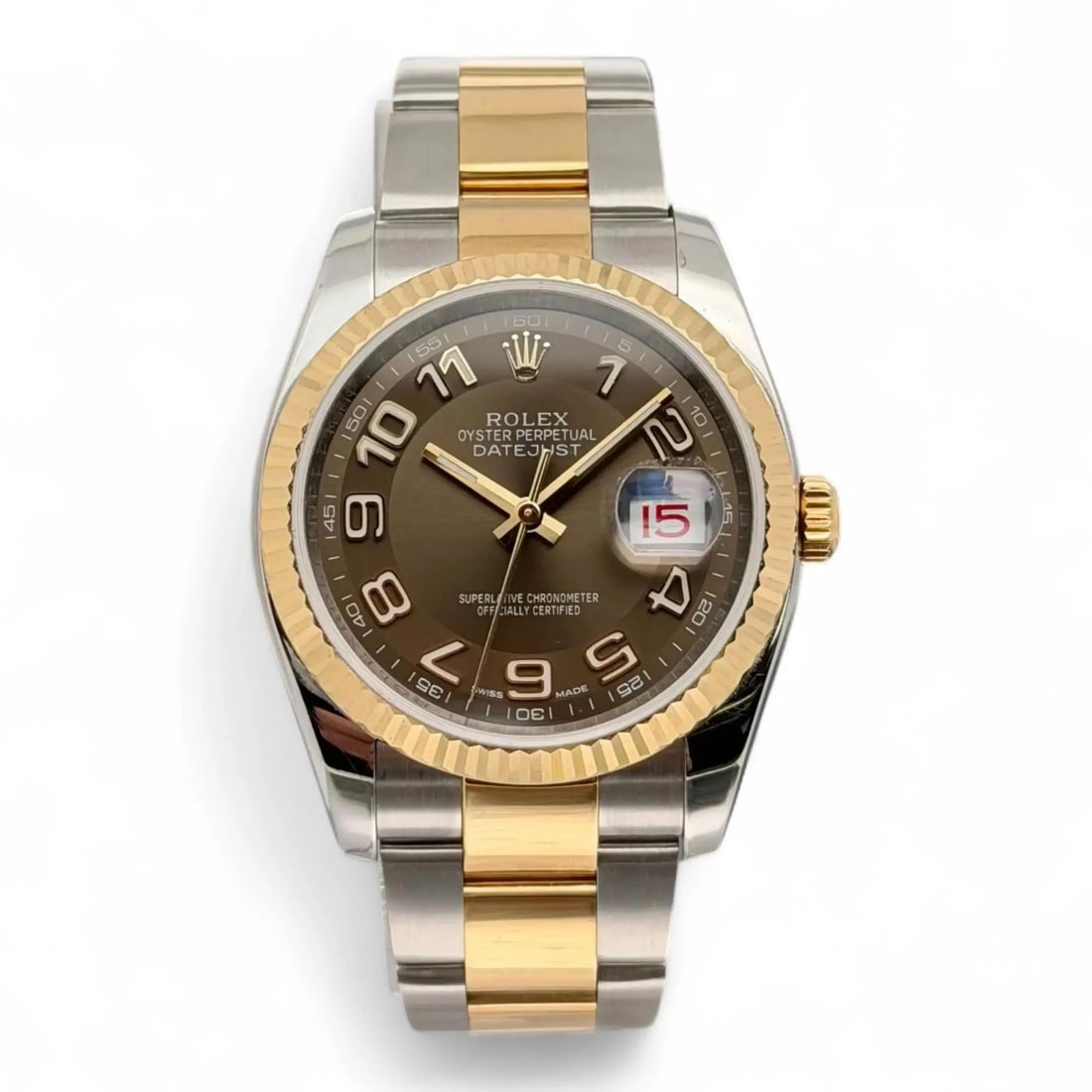 Datejust 36 Chocolate Arabic Dial Watch Ref 116233 in Gold and Steel: Datejust 36 Chocolate Arabic Dial Watch Ref 116233 in Gold and Steel This is a pre-owned Rolex Datejust 36 wristwatch, model 116233, featuring an 18k yellow gold and stainless steel construction. The 