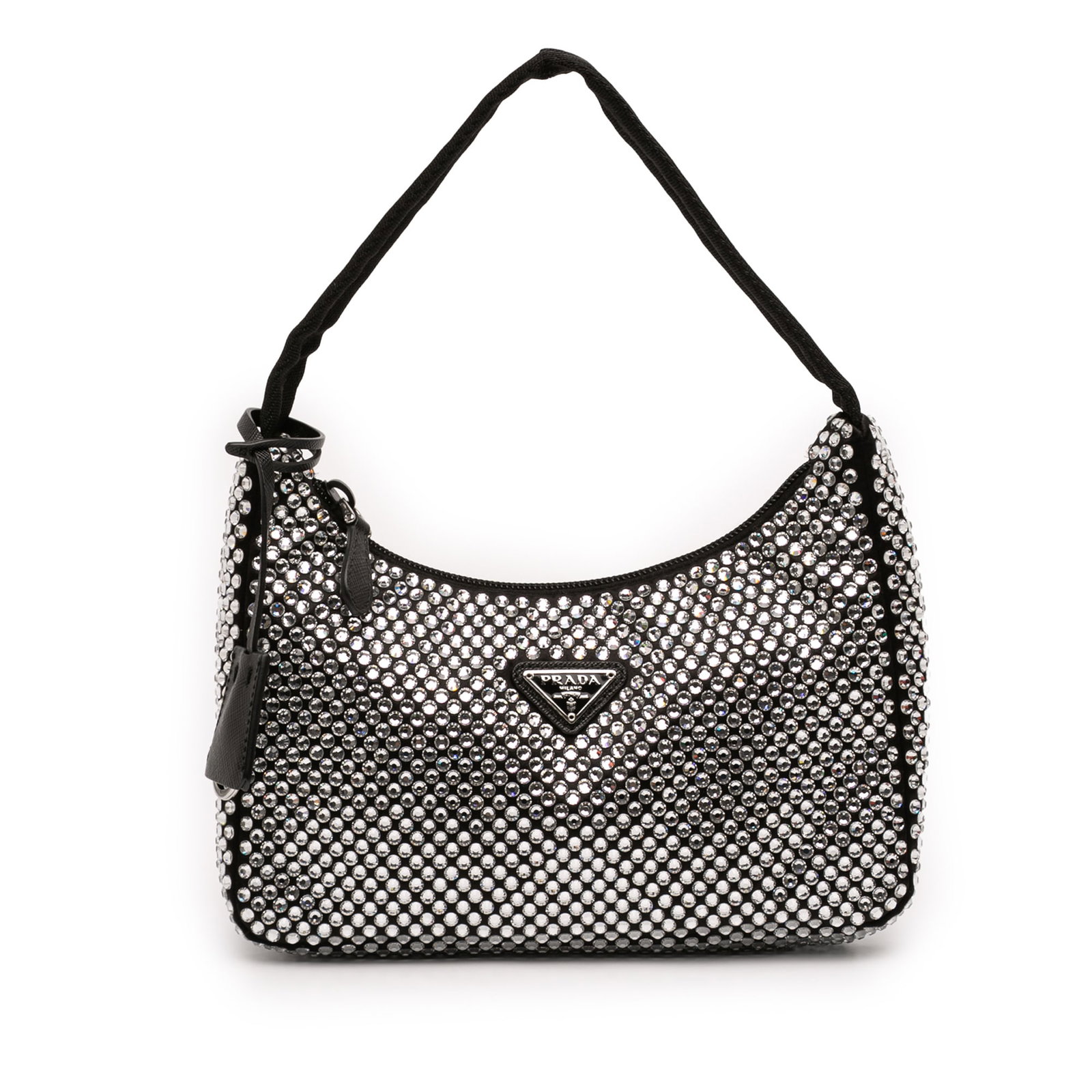 Crystal Embellished Prada Re Edition 2000 Mini Satin Black Shoulder Bag: Crystal Embellished Prada Re Edition 2000 Mini Satin Black Shoulder Bag This Prada Mini Satin Crystal Re Edition 2000 Shoulder Bag features a crystal-embellished satin body with a flat nylon strap and
