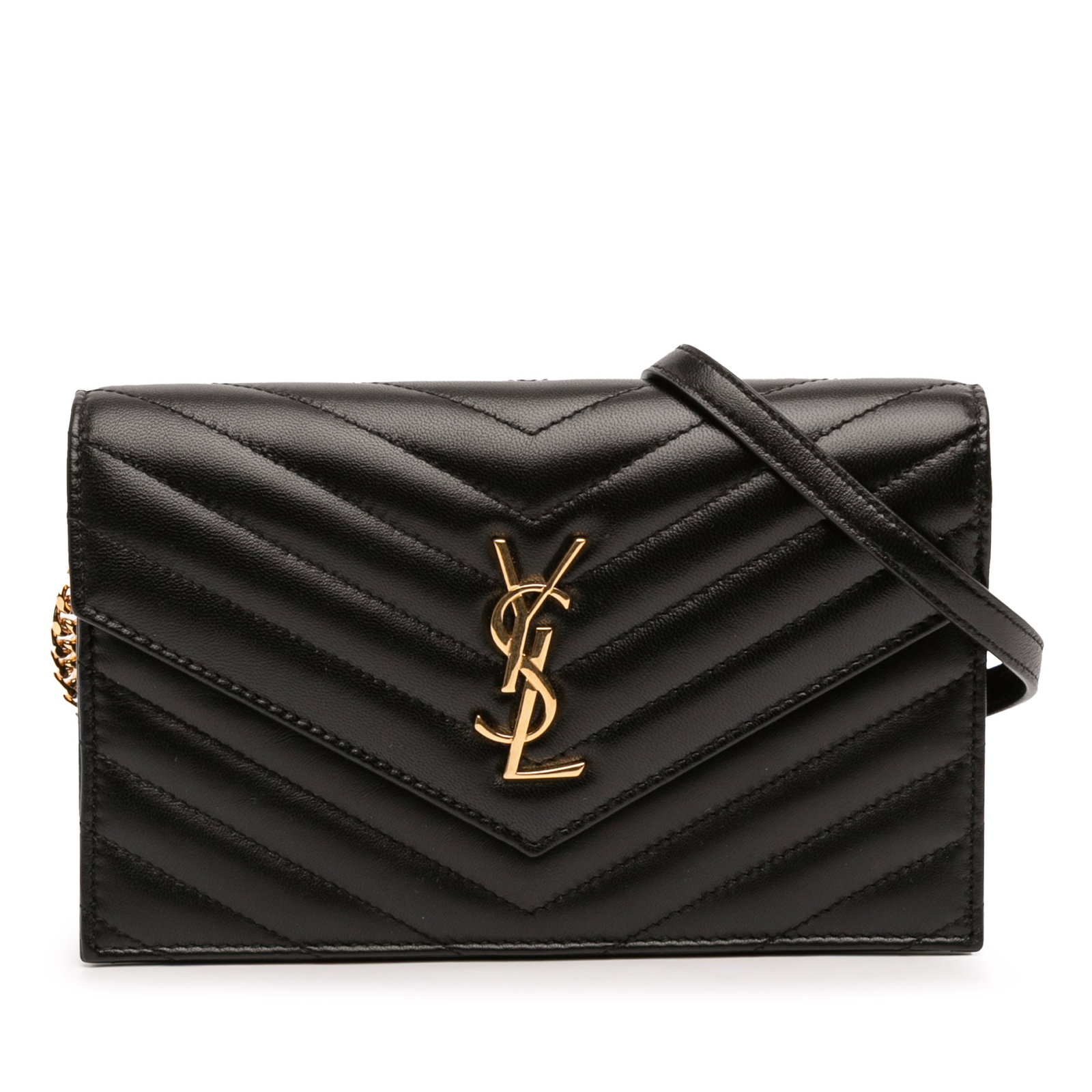 Black Leather Chain Wallet by Saint Laurent Cassandre Envelope Design: Black Leather Chain Wallet by Saint Laurent Cassandre Envelope Design This Saint Laurent Cassandre Envelope Chain Wallet is crafted from black leather and features a chevron pattern. It includes a det