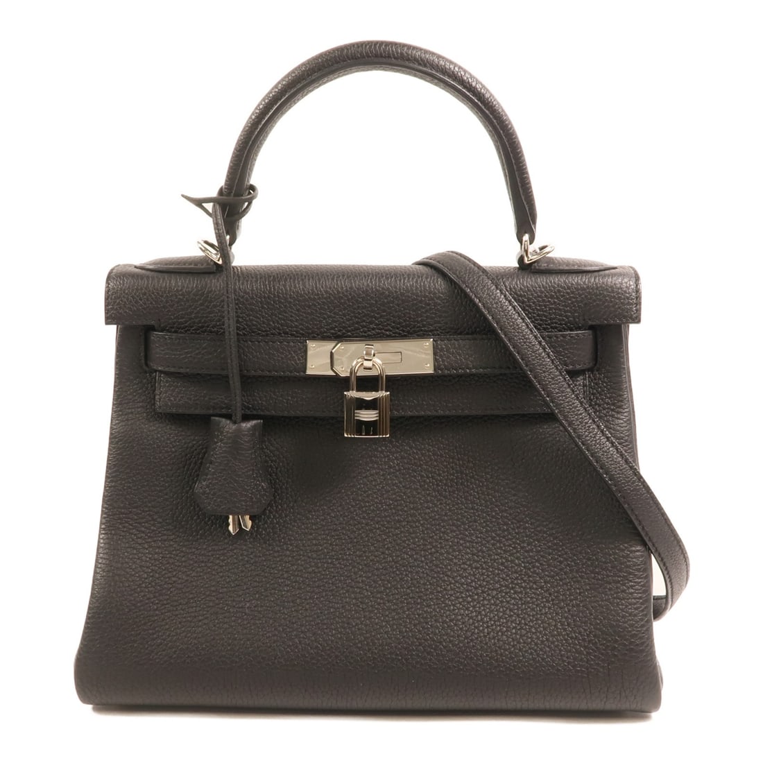 Black Togo Leather Kelly 28 Shoulder Bag with Palladium Hardware by Hermes: Black Togo Leather Kelly 28 Shoulder Bag with Palladium Hardware by Hermes This Hermes Kelly 28 is a versatile 2-way shoulder bag crafted from Togo calfskin leather in classic black. Designed for wome