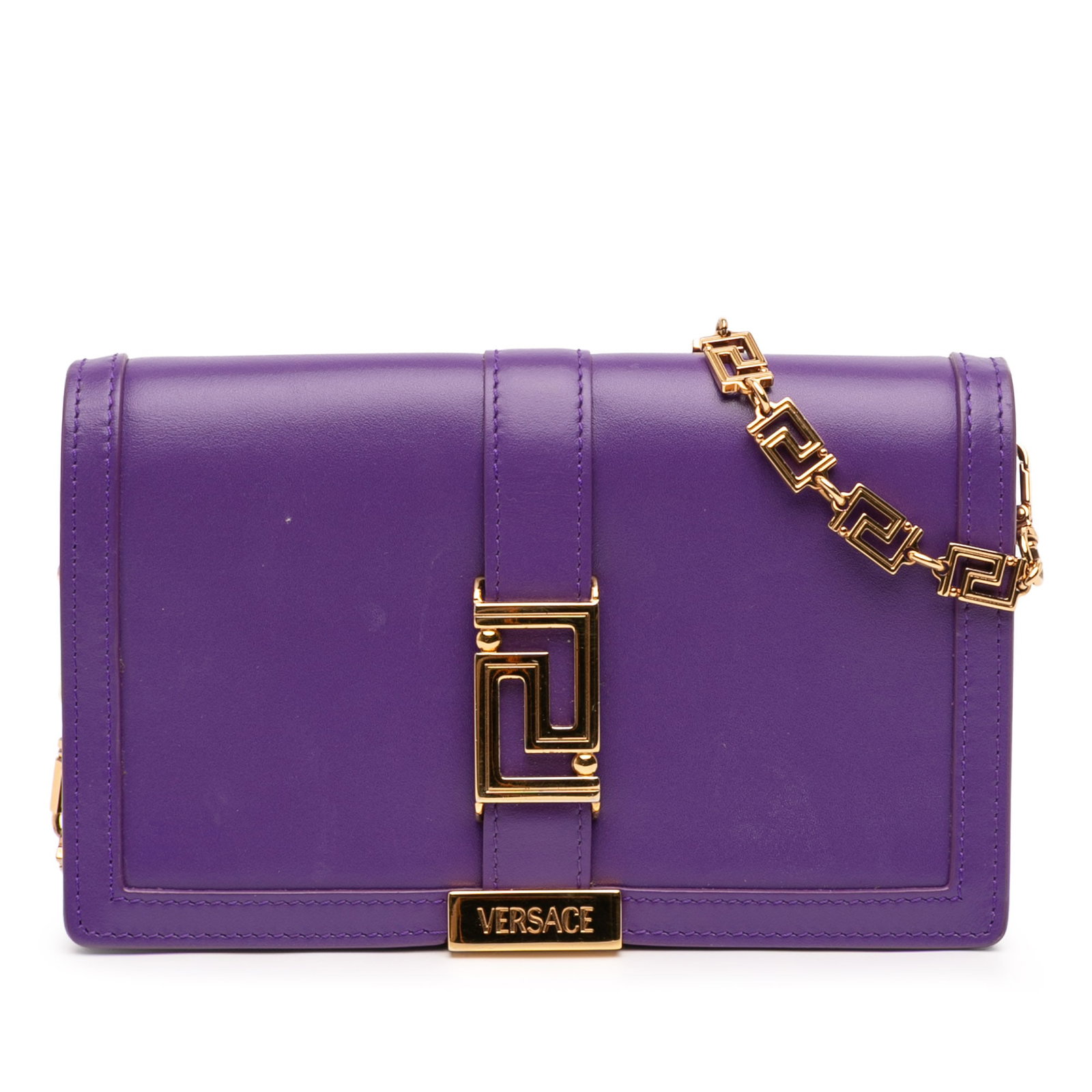Versace Greca Goddess Purple Leather Chain Wallet Crossbody Bag: Versace Greca Goddess Purple Leather Chain Wallet Crossbody Bag The Versace Leather Greca Goddess Wallet on Chain is a crossbody bag crafted from leather in a striking purple color. It features a chai