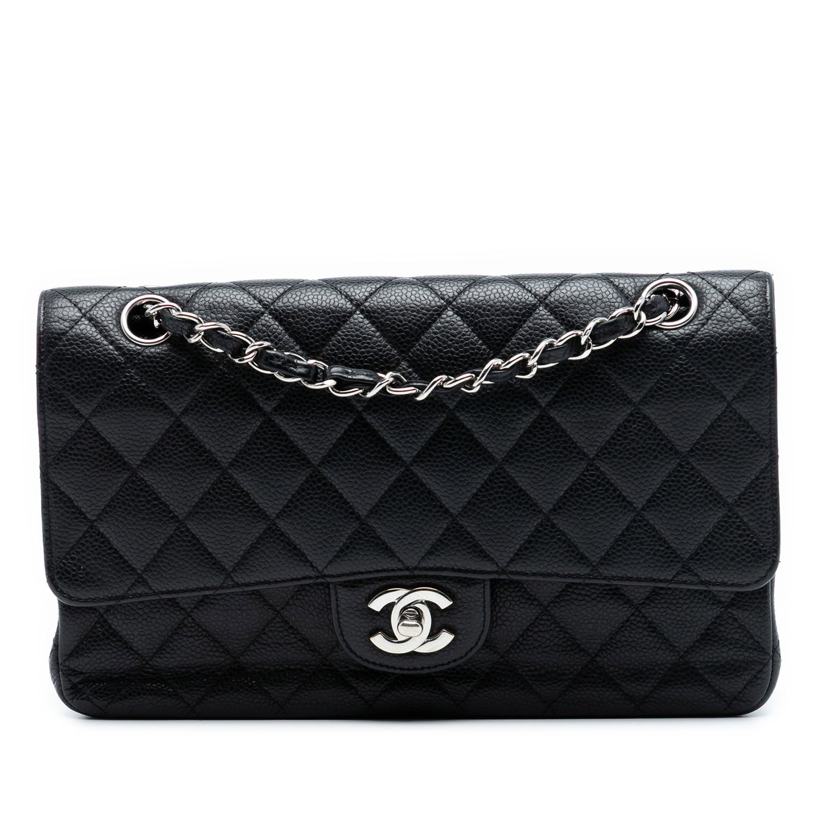 Black Quilted Leather Shoulder Bag by Chanel Medium Classic Double Flap: Black Quilted Leather Shoulder Bag by Chanel Medium Classic Double Flap This Chanel Medium Classic Caviar Double Flap shoulder bag features a quilted caviar leather body in black, leather-woven chain 