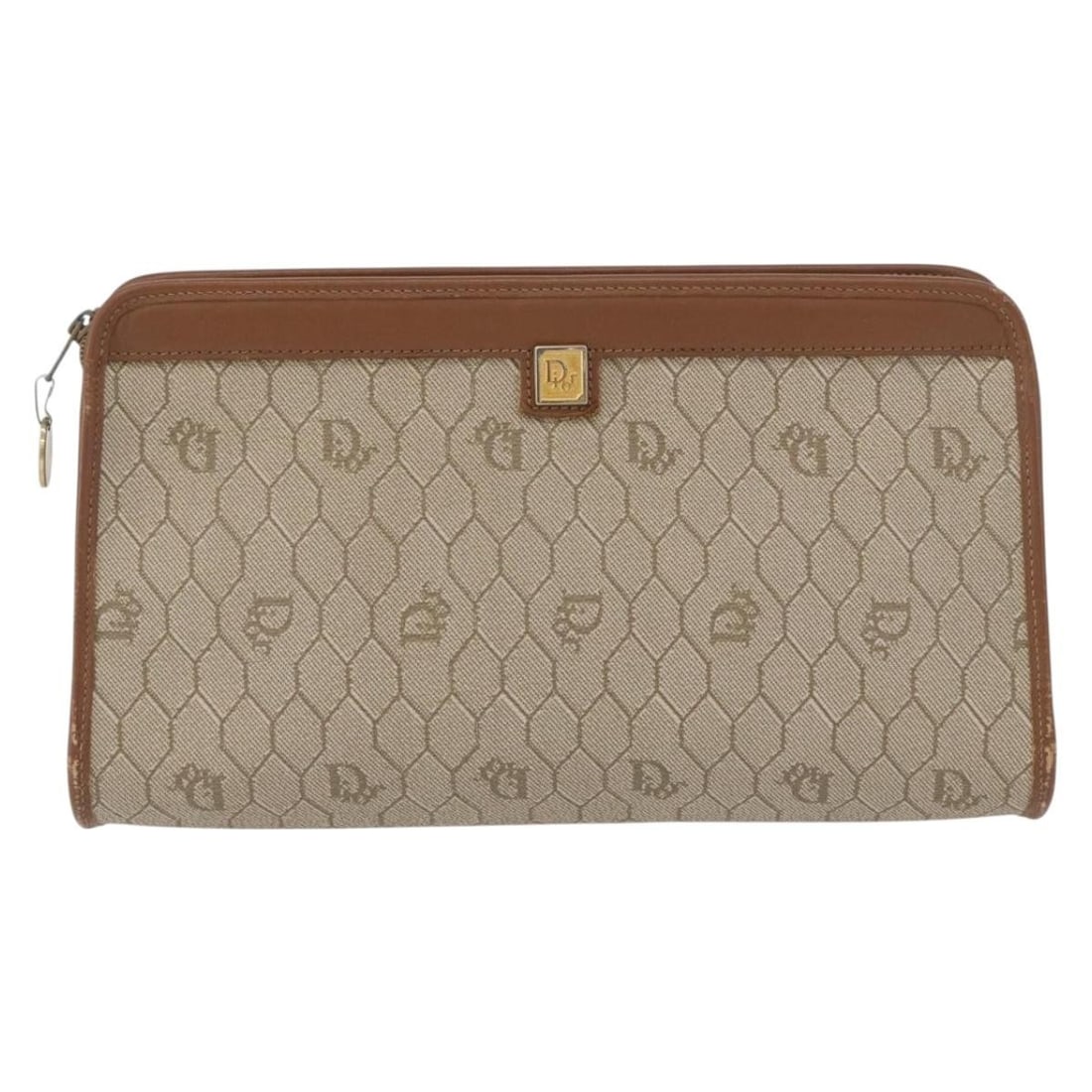 Dior Beige Canvas and Leather Vintage Honeycomb Zip Pouch: Dior Beige Canvas and Leather Vintage Honeycomb Zip Pouch This Christian Dior vintage honeycomb zip pouch features a beige canvas exterior with leather accents. Designed for women, the pouch includes 