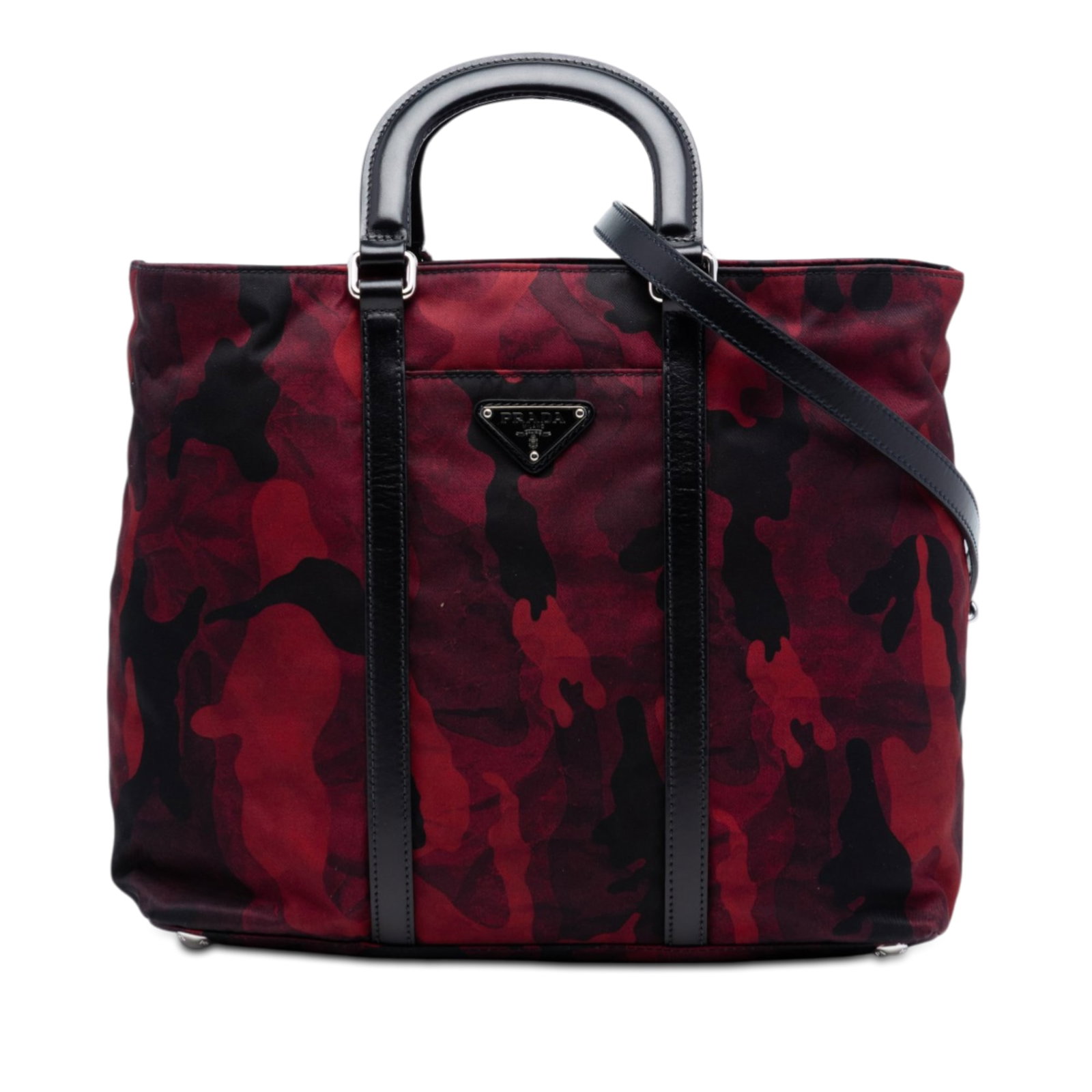 Prada Tessuto Camouflage Nylon Satchel with Leather Trim and Strap: Prada Tessuto Camouflage Nylon Satchel with Leather Trim and Strap This Prada Tessuto Camouflage Satchel showcases a camouflage print nylon body with leather trim, complemented by flat leather handles