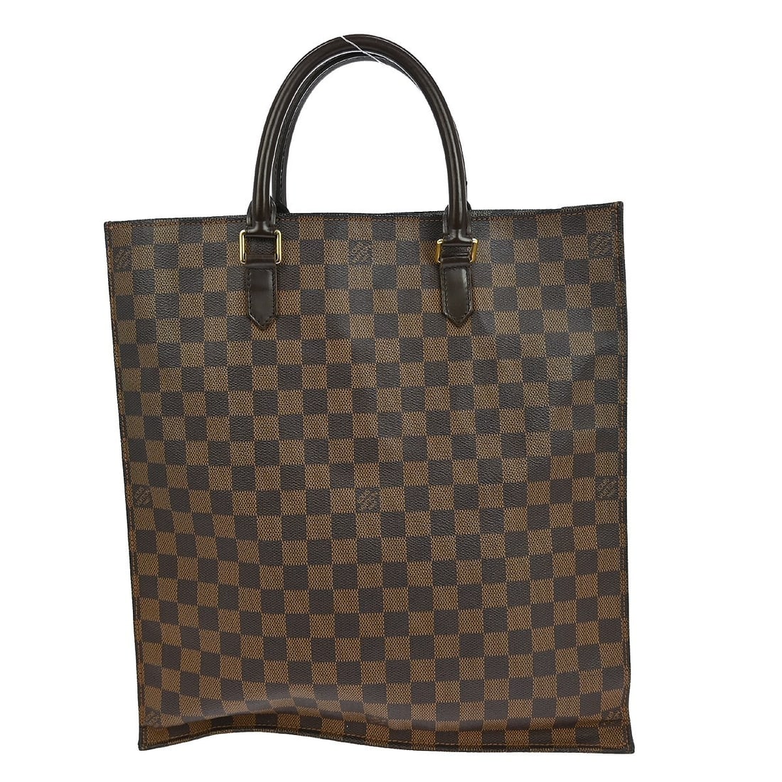 Brown Damier Canvas Sac Plat Tote by Louis Vuitton France: Brown Damier Canvas Sac Plat Tote by Louis Vuitton France This Louis Vuitton Sac Plat Bag in Damier canvas features a classic brown checkered pattern. Designed for women, the bag shows signs of use, i