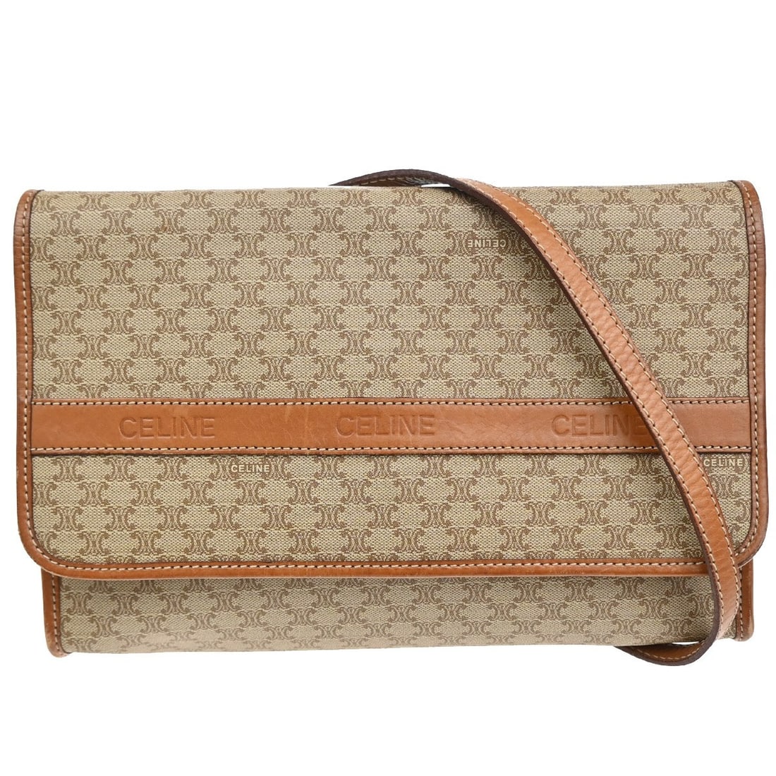 Celine Macadam Beige Canvas and Leather Pochette 27.5x21x5cm: Celine Macadam Beige Canvas and Leather Pochette 27.5x21x5cm This Celine Macadam Pochette for women features a beige PVC canvas body with leather edges. It is crafted in Italy and measures 27.5 cm in 