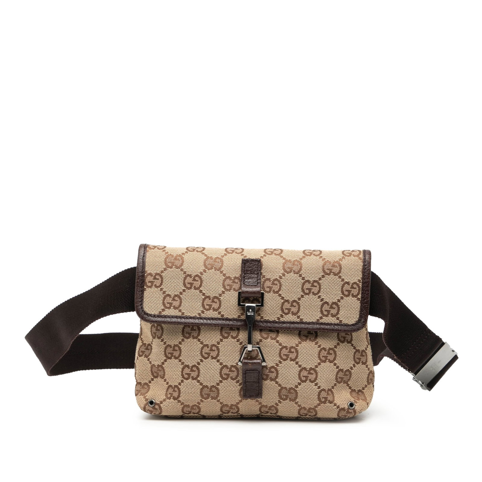 Gucci GG Canvas Jackie Beige Waist Belt Bag with Front Flap Clasp: Gucci GG Canvas Jackie Beige Waist Belt Bag with Front Flap Clasp This Gucci GG Canvas Jackie Belt Bag features a beige canvas body, a flat waist strap, a front flap with a lobster claw clasp closure,