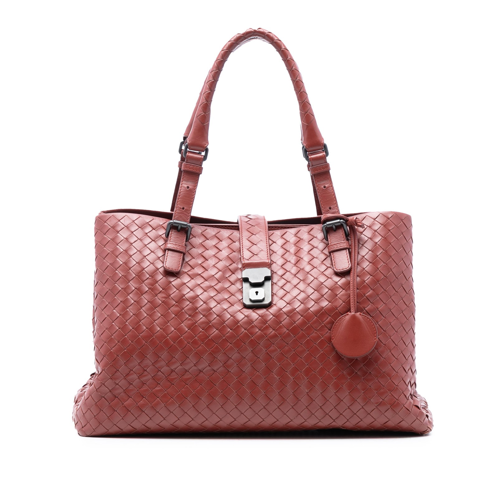 Medium Intrecciato Roma Tote in Red Nappa Leather by Bottega Veneta: Medium Intrecciato Roma Tote in Red Nappa Leather by Bottega Veneta This Bottega Veneta Medium Nappa Intrecciato Roma Tote features a distinctive woven nappa leather body in red, complemented by rolle