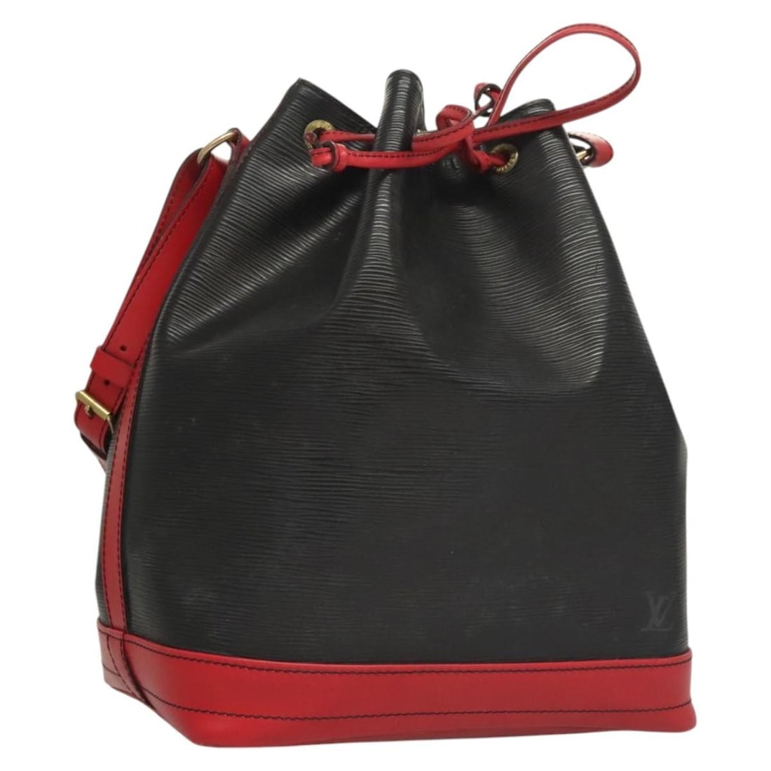 Bicolor Epi Leather Noe Shoulder Bag by Louis Vuitton: Bicolor Epi Leather Noe Shoulder Bag by Louis Vuitton This Louis Vuitton Bicolor Noe Handbag features Epi leather in black, designed for women. The bag shows signs of use, including rubbing, stains, a
