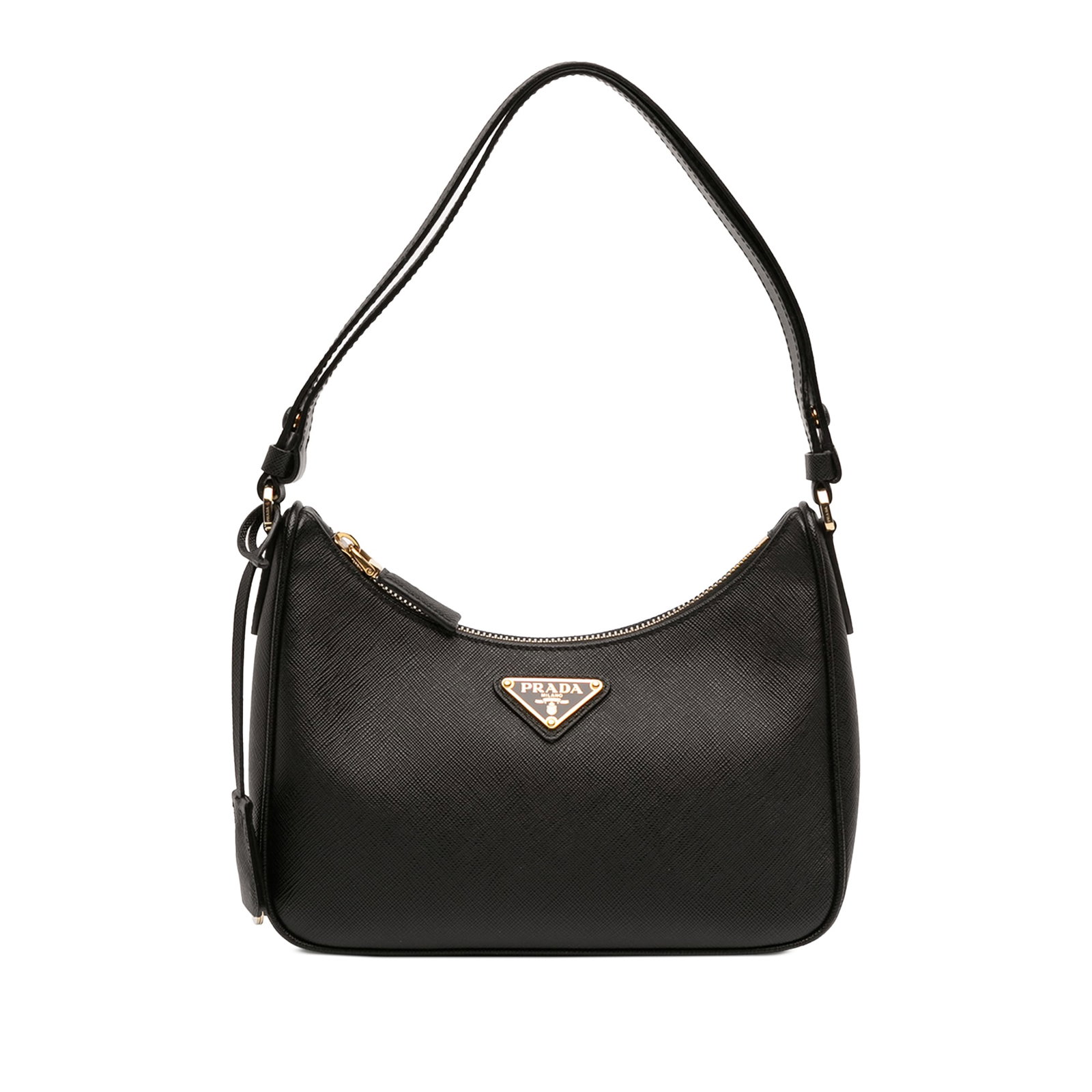 Black Leather Mini Shoulder Bag Prada Saffiano Re Edition: Black Leather Mini Shoulder Bag Prada Saffiano Re Edition This Prada Mini Saffiano Re Edition Shoulder Bag showcases a saffiano leather body in black, complemented by a flat leather strap with a charm