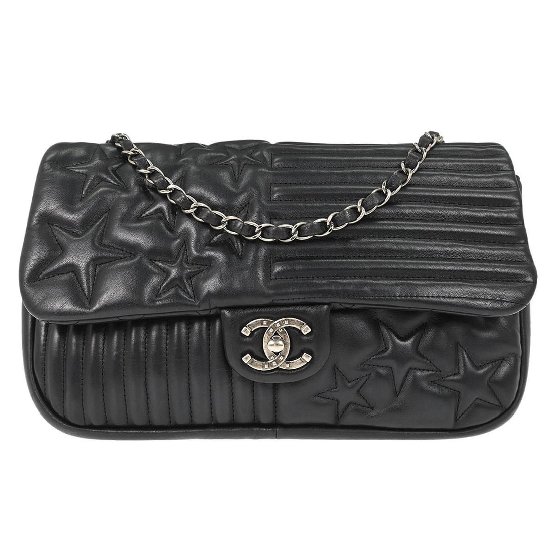 Chanel Paris Dallas Stars Striped Small Black Lambskin Flap Shoulder Bag: Chanel Paris Dallas Stars Striped Small Black Lambskin Flap Shoulder Bag This Chanel Paris Dallas Stars and Stripes Flap Shoulder Bag features a black matelasse lambskin exterior with a flap turnlock 