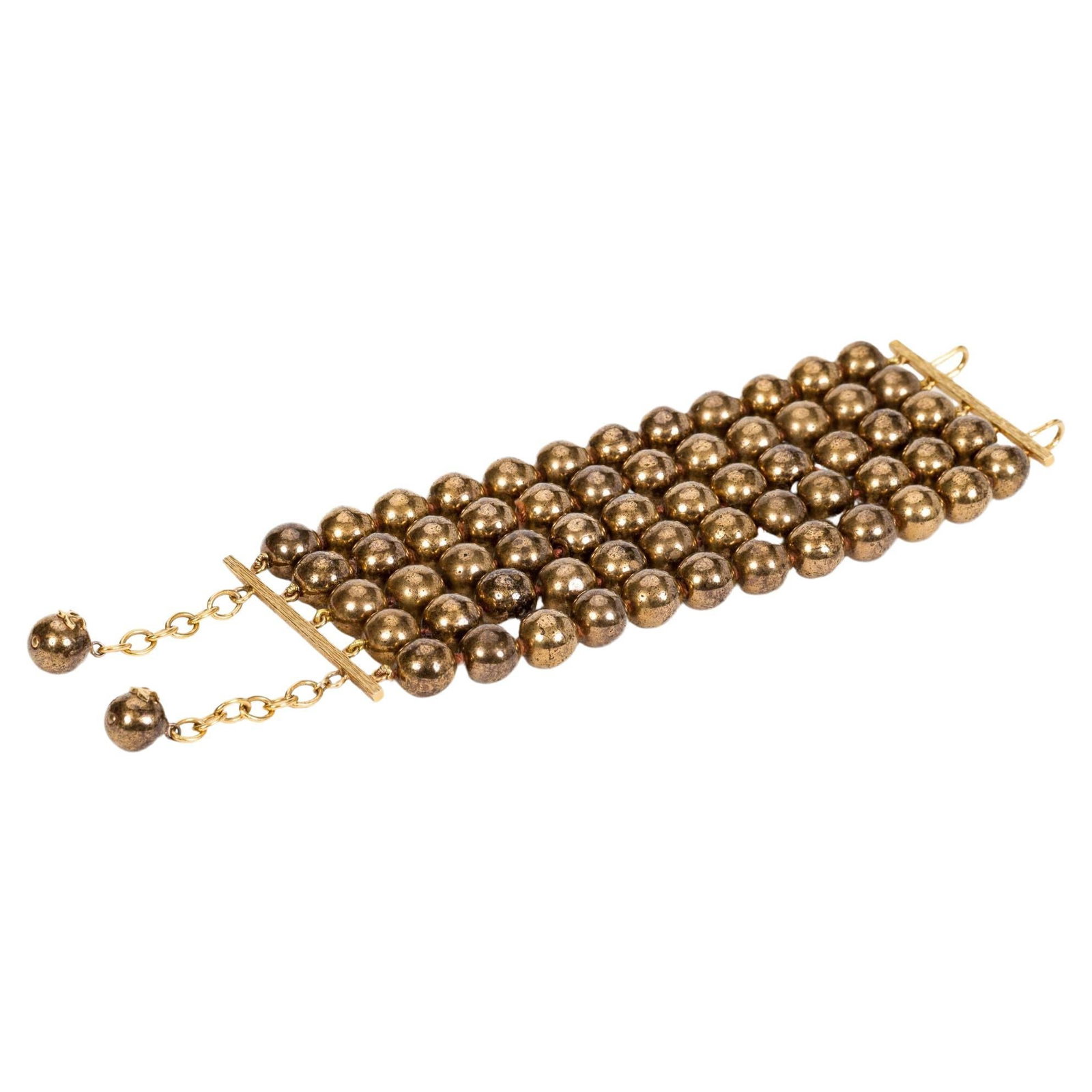 Chanel Bronze Multi-Strand Bracelet with Logo Beads and Box: Chanel Bronze Multi-Strand Bracelet with Logo Beads and Box This exquisite Chanel multi-strand bracelet features five strands of bronze-colored glass beads, accentuated by two dangling logo beads at t
