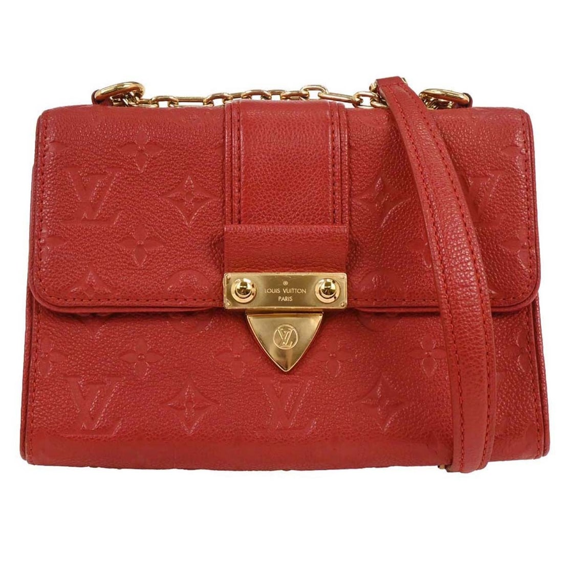 Louis Vuitton Red Monogram Empreinte Saint Sulpice PM Crossbody Bag: Louis Vuitton Red Monogram Empreinte Saint Sulpice PM Crossbody Bag Introducing the Louis Vuitton Red Monogram Empreinte Saint Sulpice PM, a stylish crossbody bag crafted from luxurious leather. This 