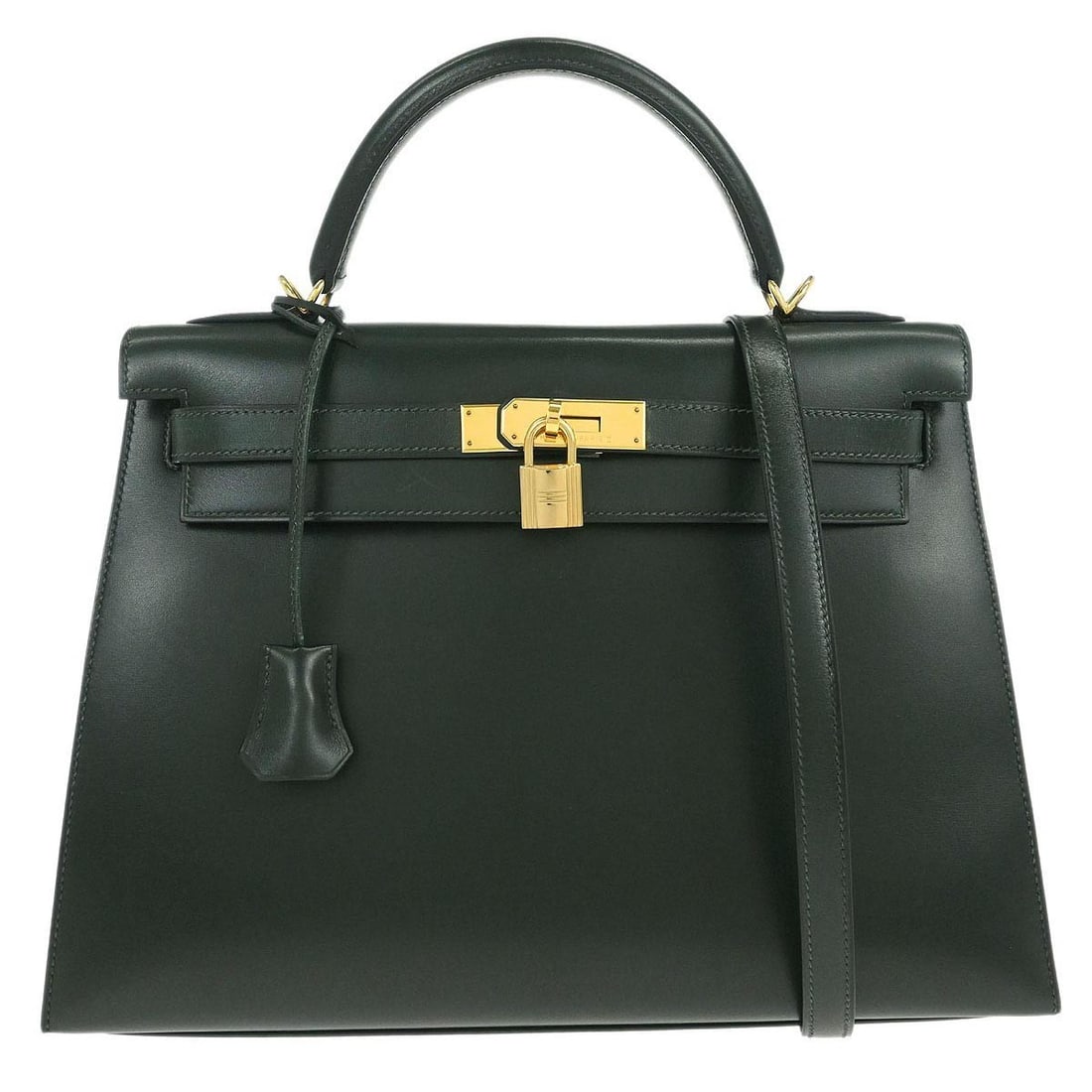 Kelly 32 Vert Fonce Box Calf Top Handle Bag by Hermes with Gold Hardware: Kelly 32 Vert Fonce Box Calf Top Handle Bag by Hermes with Gold Hardware This Hermes Kelly 32 Sellier handbag is crafted from Vert Fonce green Box Calf leather and features a structured top handle des