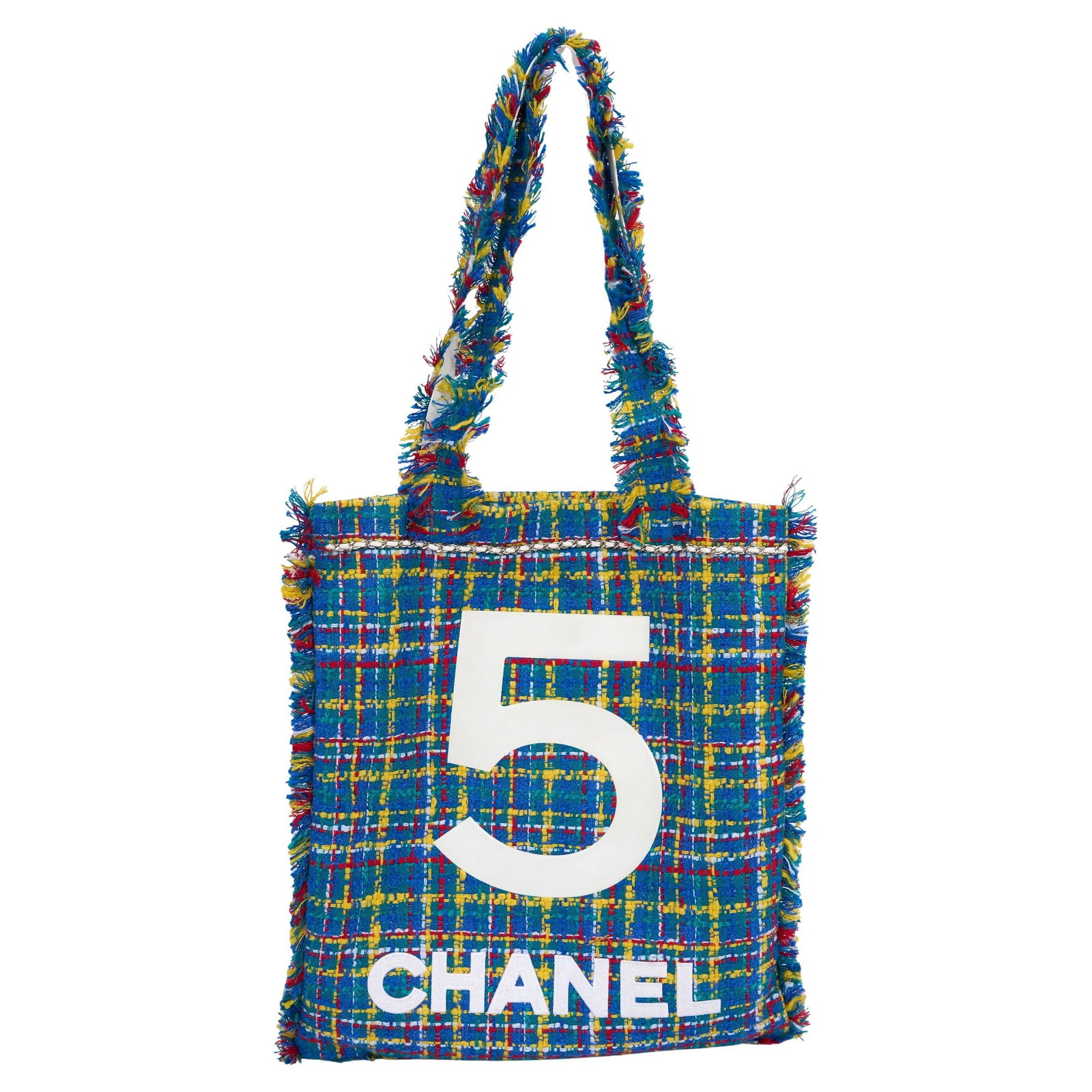 Chanel Multicolor Tweed Ndeg5 Tote with Hologram and Dust Cover: Chanel Multicolor Tweed Ndeg5 Tote with Hologram and Dust Cover Introducing the Chanel 5 Multicolor Tweed Tote, a stunning accessory crafted from vibrant multicolor tweed. This chic tote features frin