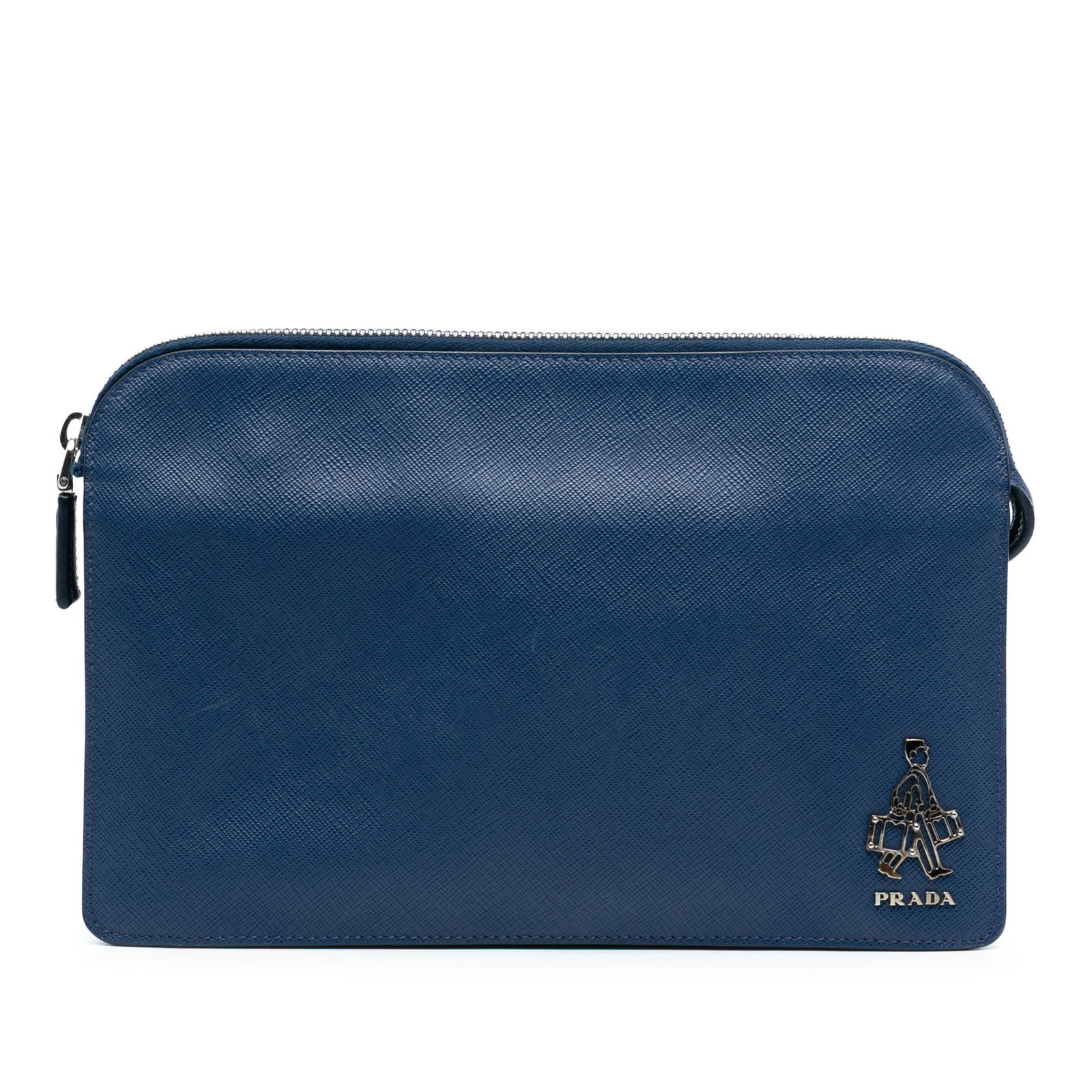 Prada Saffiano Leather Bellboy Blue Clutch Bag with Zip Closure: Prada Saffiano Leather Bellboy Blue Clutch Bag with Zip Closure This Prada Saffiano Bellboy Clutch features a blue saffiano leather exterior with a top zip closure. The interior is equipped with zip a