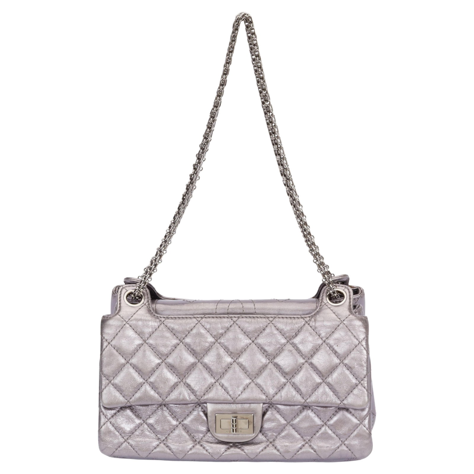 Chanel Reissue Accordion Bag Silver Metallic with Authenticity: Chanel Reissue Accordion Bag Silver Metallic with Authenticity Experience the elegance of the Chanel Reissue Accordion Bag, a stunning shoulder bag crafted from luxurious quilted calfskin leather in a