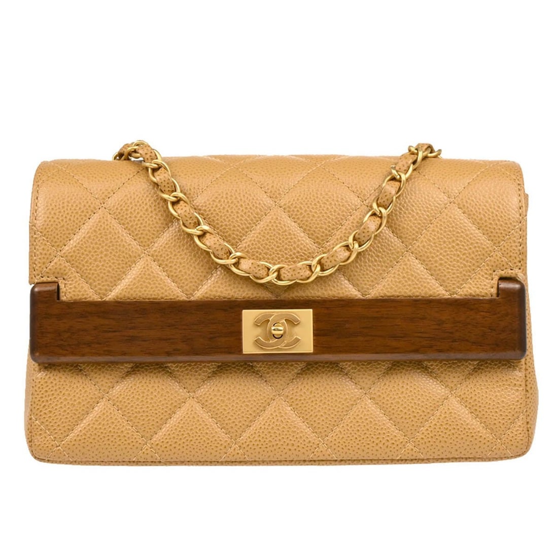 Chanel Beige Calfskin Shoulder Bag with Turn Lock Closure: Chanel Beige Calfskin Shoulder Bag with Turn Lock Closure This elegant Chanel shoulder bag is crafted from high-quality beige calfskin leather, embodying both sophistication and style. Designed in Fra