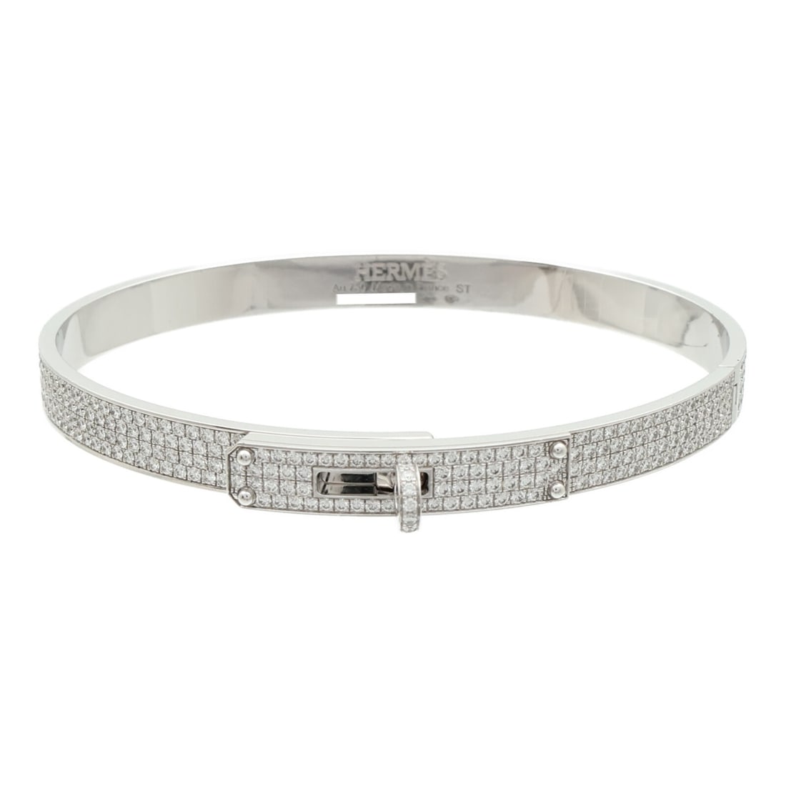 Kelly Diamond White Gold Bracelet by Hermes: Kelly Diamond White Gold Bracelet by Hermes This Hermes Kelly bracelet is crafted from 18K white gold and features diamond accents. Designed for women, the bracelet showcases a clear color and elegant