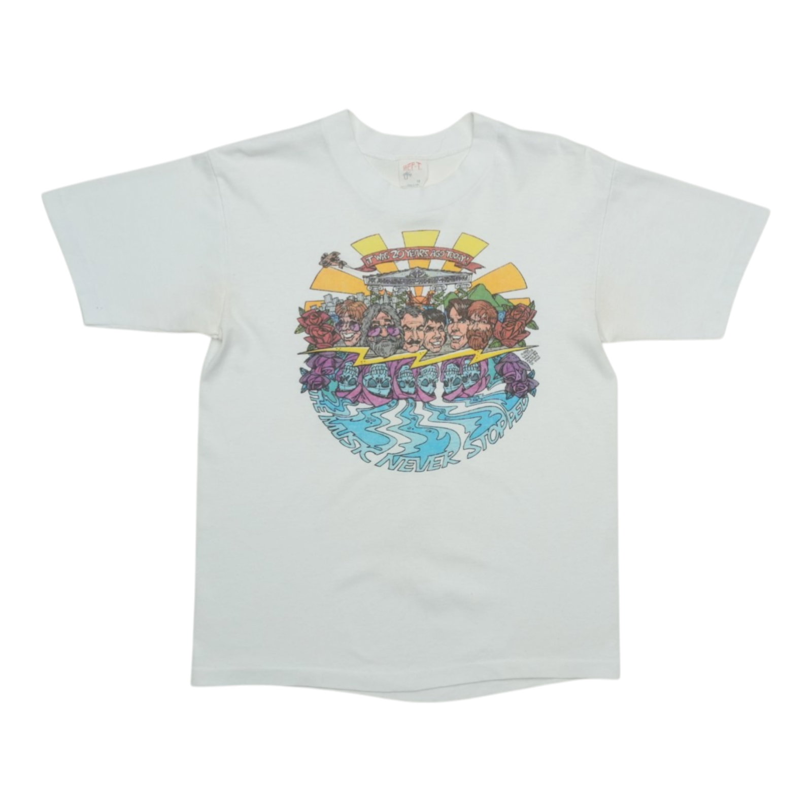 Vintage 1985 Grateful Dead The Music Never Stopped White Cotton T-Shirt: Vintage 1985 Grateful Dead The Music Never Stopped White Cotton T-Shirt This is an original vintage 1985 Grateful Dead 'Music Never Stopped' shirt. Featuring no back graphics, this authentic piece is 