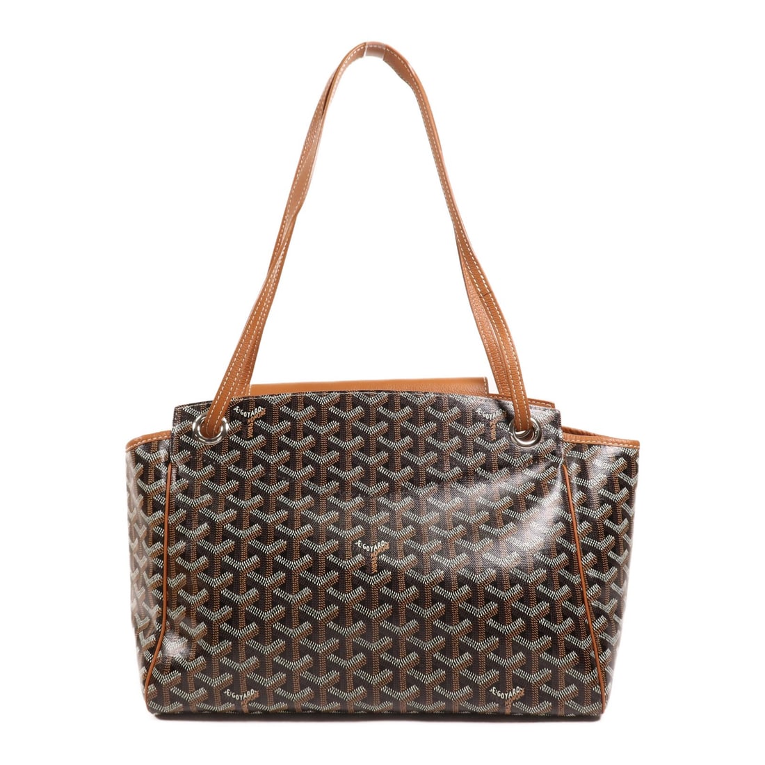 GOYARD Rouette PM Brown Black Coated Canvas Shoulder Bag: GOYARD Rouette PM Brown Black Coated Canvas Shoulder Bag Introducing the GOYARD Rouette PM Shoulder Bag, a stylish and functional accessory crafted from durable PVC coated canvas. The exterior showcas