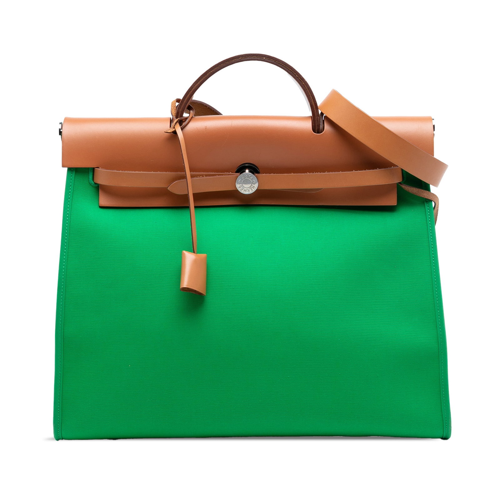 Herbag Zip 31 Green Canvas Satchel with Leather Trim by Hermes: Herbag Zip 31 Green Canvas Satchel with Leather Trim by Hermes The Hermes Herbag Zip 31 is a stylish satchel featuring a green canvas body with a flat leather top handle and a flat leather strap. It i
