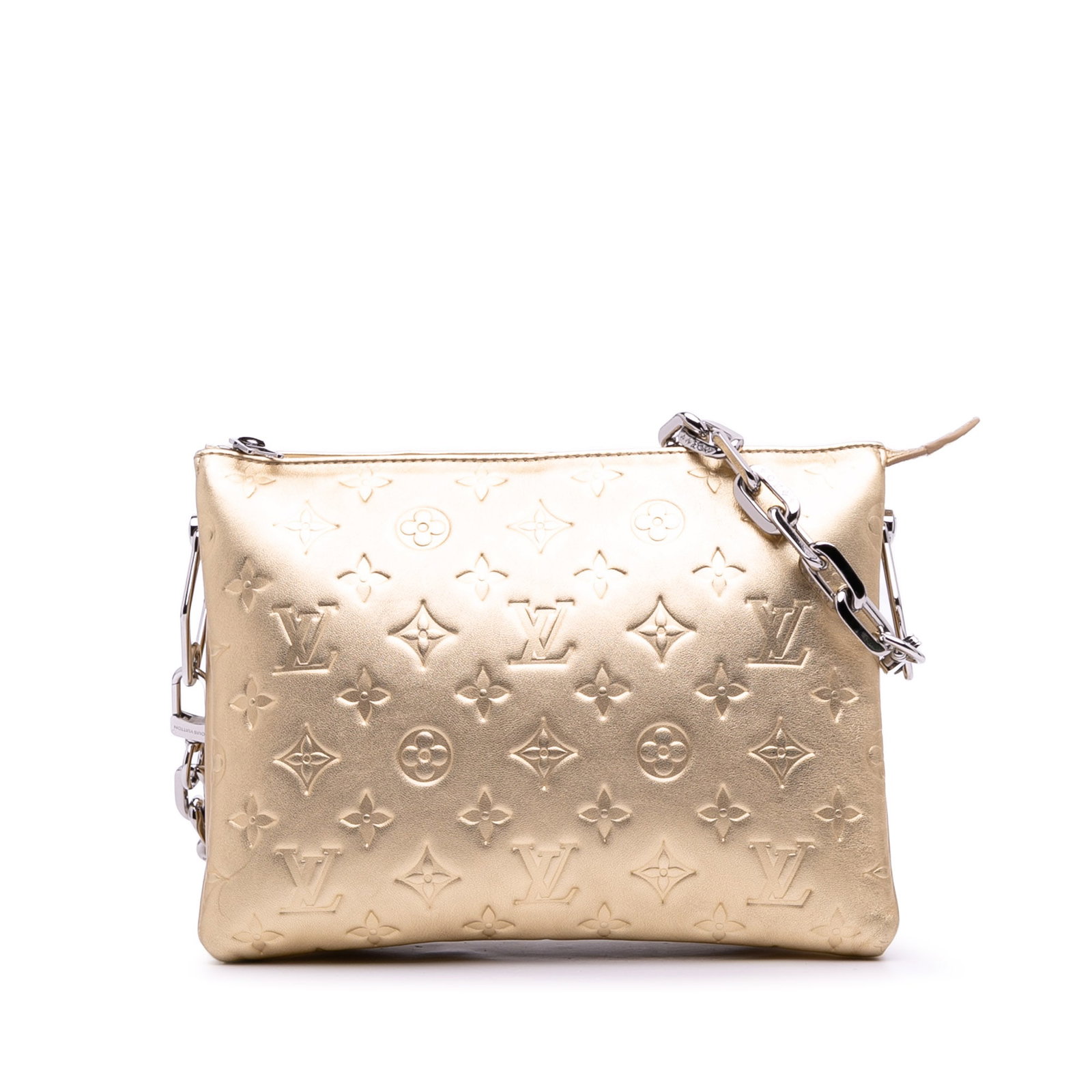 Louis Vuitton Monogram Coussin PM Gold Leather Bag with Dual Straps: Louis Vuitton Monogram Coussin PM Gold Leather Bag with Dual Straps Introducing the Louis Vuitton Monogram Coussin PM, a stylish and versatile bag crafted from embossed lambskin leather. This exquisit