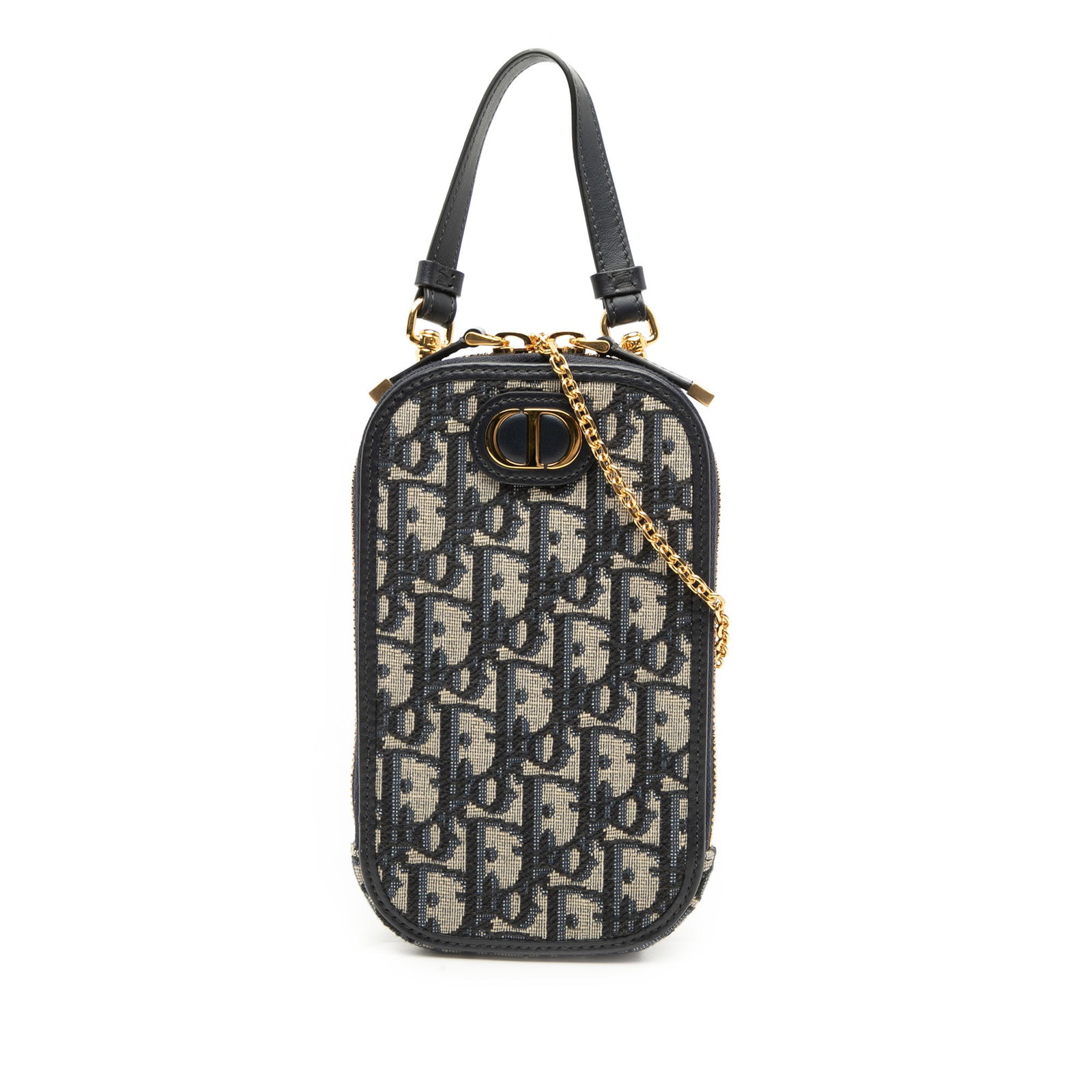 Dior 30 Montaigne Oblique Canvas Blue Phone Holder with Gold Chain Strap: Dior 30 Montaigne Oblique Canvas Blue Phone Holder with Gold Chain Strap This Dior Oblique Canvas 30 Montaigne Call in Dior phone holder features a canvas body with leather trim, a detachable leather 