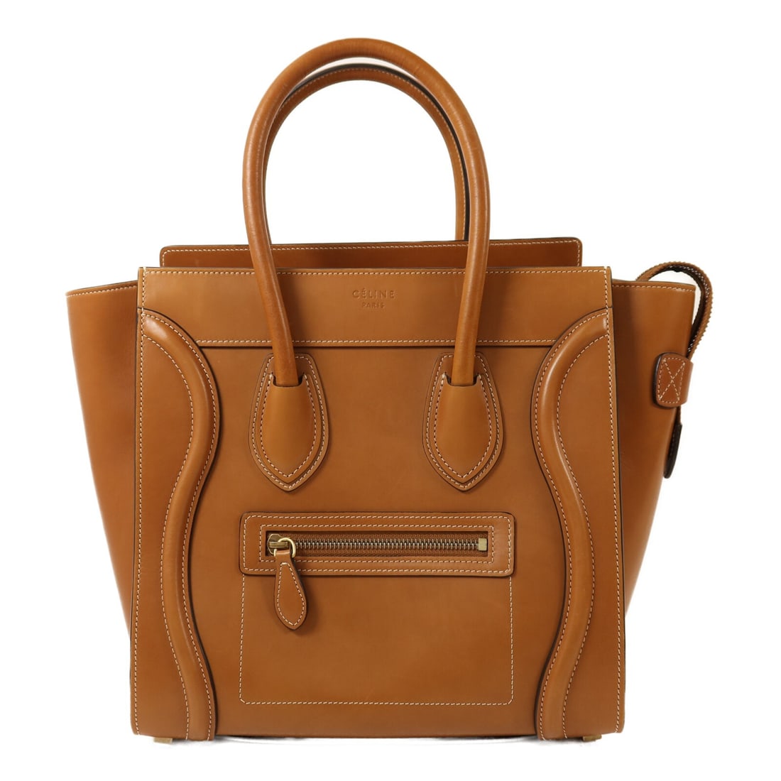Celine Micro Luggage Calfskin Leather Handbag with Gold Tone Hardware Tan: Celine Micro Luggage Calfskin Leather Handbag with Gold Tone Hardware Tan This CELINE Micro Luggage Handbag features a brown calfskin leather exterior and a structured silhouette. It is designed with 