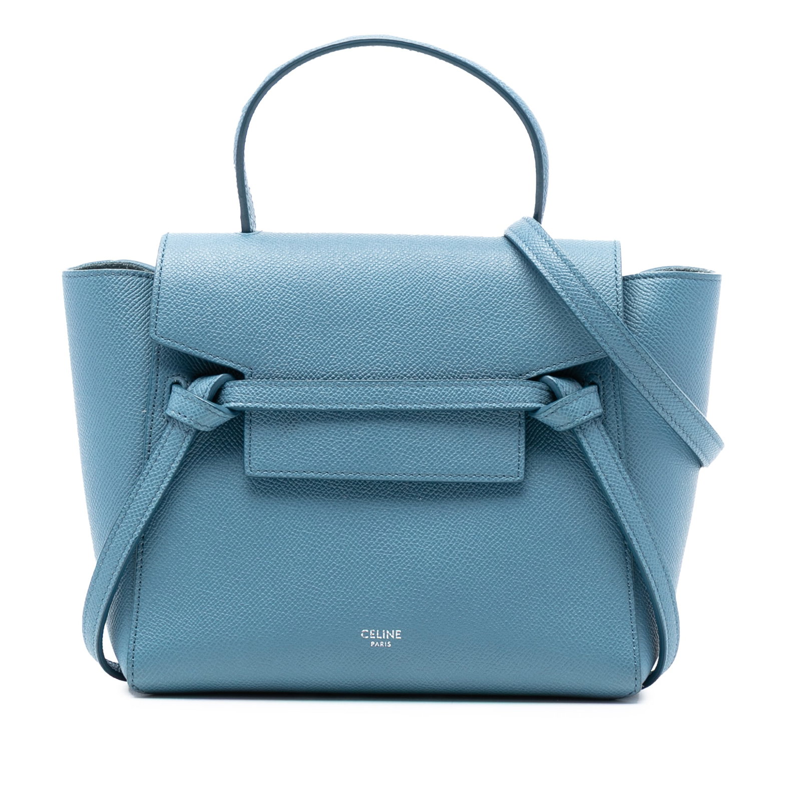 Celine Nano Belt Bag Blue Grained Calfskin Leather Satchel with Strap: Celine Nano Belt Bag Blue Grained Calfskin Leather Satchel with Strap The Celine Nano Grained Calfskin Belt Bag is crafted from grained leather in a stylish blue color. It features flat leather handle
