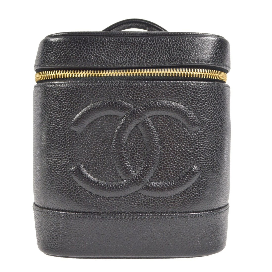 Chanel Timeless Vanity Black Caviar Leather Top Handle Cosmetic Bag: Chanel Timeless Vanity Black Caviar Leather Top Handle Cosmetic Bag This Chanel Timeless Vanity handbag is crafted from black caviar skin leather and features a top handle design with logo accents. Th