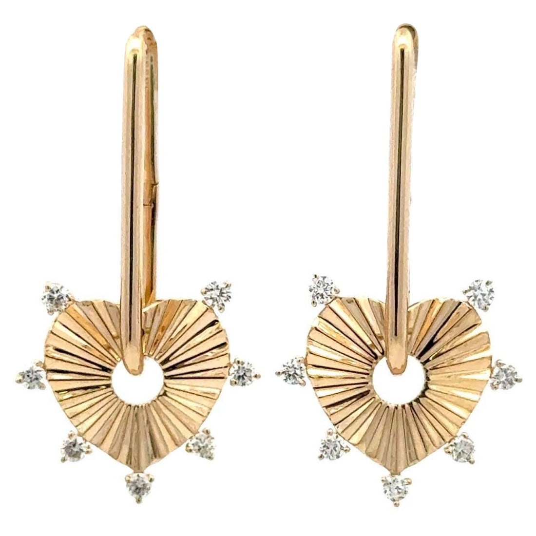 Elegant Fluted Heart Drop Earrings in 14K Yellow Gold with 0.32 Carats Diamonds: Elegant Fluted Heart Drop Earrings in 14K Yellow Gold with 0.32 Carats Diamonds These stunning fluted heart drop earrings are expertly crafted in 14K yellow gold, showcasing a contemporary open-heart 