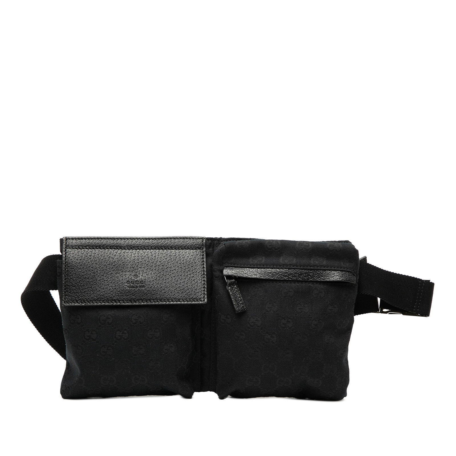 Gucci GG Canvas Black Waist Bag with Dual Front Pockets: Gucci GG Canvas Black Waist Bag with Dual Front Pockets This Gucci GG Canvas Double Pocket Belt Bag features a canvas body with leather trim, an adjustable waist strap, exterior front flap and zip com